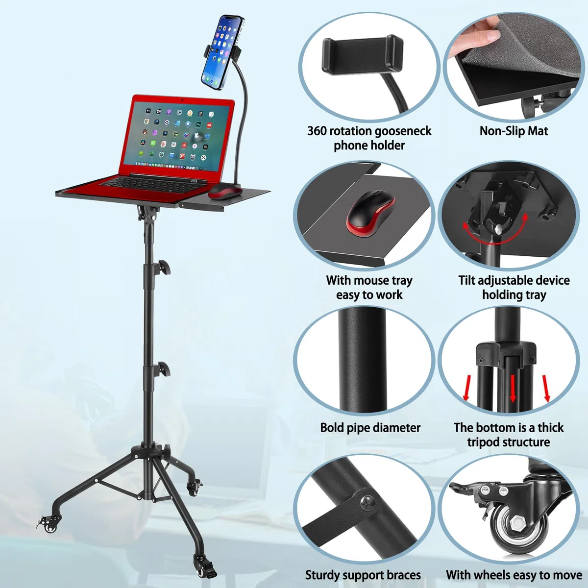GlobalCrown Beamer Ständer Dreibein höhenverstellbar (66-160cm),Beamer stativ tragbarer Laptop-Bodenständer mit Mausablage & Telefonhalter,Stativ mit Rädern für Büro,Zuhause,Bühne,Podium,DJ Racks