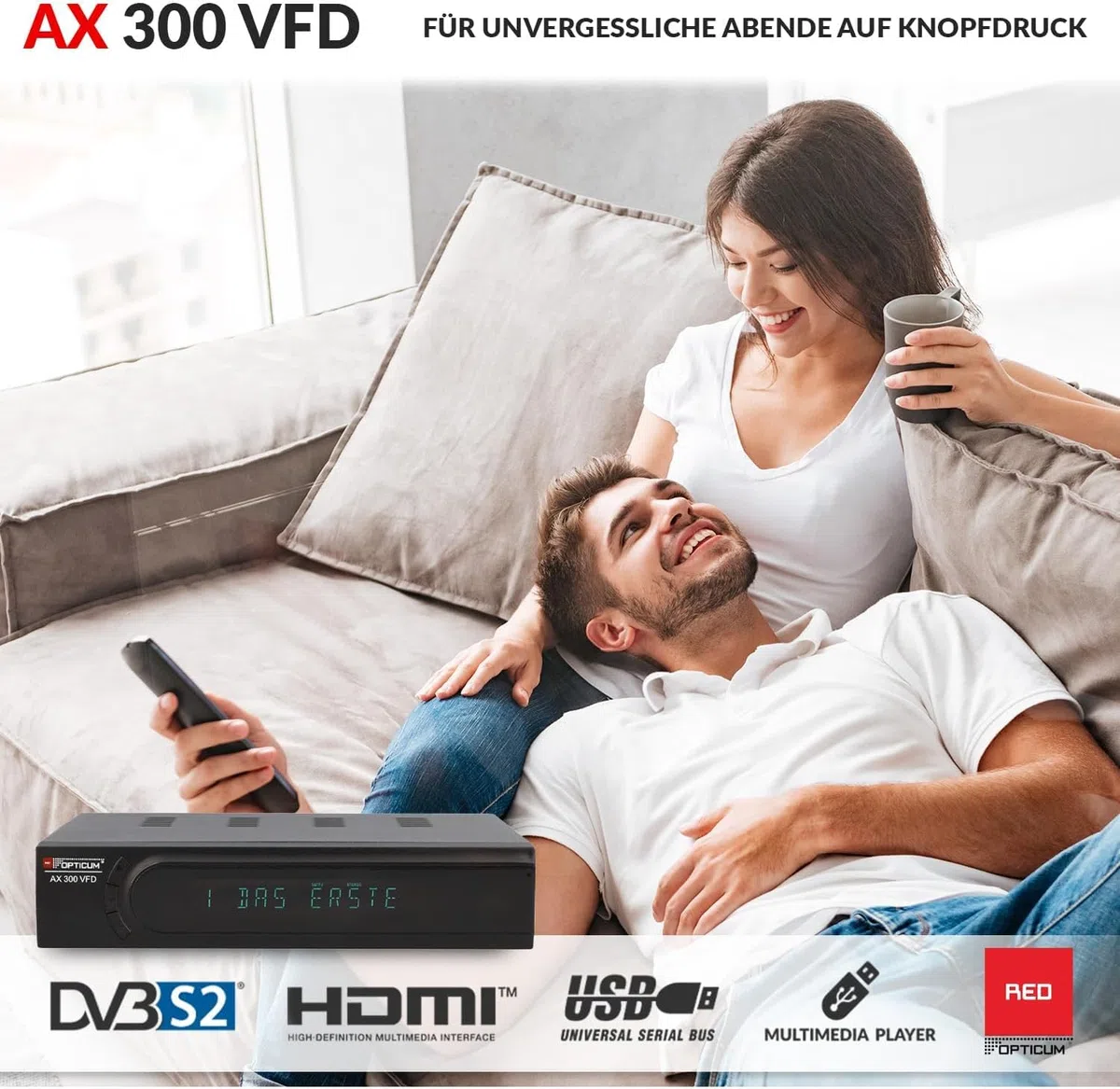RED OPTICUM AX 300 VFD Sat Receiver mit PVR I Digitaler Satelliten-Receiver HD mit alphanumerischem Display - DVB-S2 - HDMI - SCART - USB 2.0 - Coaxial Audio I 12V Netzteil ideal für Camping