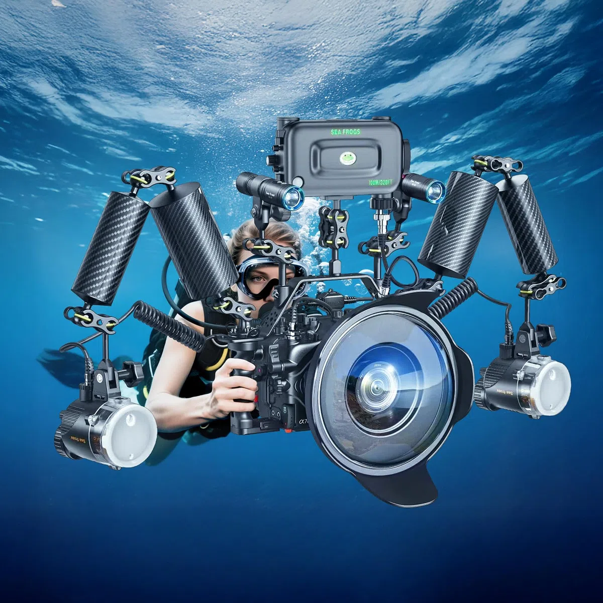 Sea frogs D60 mm, 30,5 cm, Kohlefaser-Schwimmerarm für ultraleichten, Wasserarm, Auftrieb 580 g, Unterwasser-Kamerasystem, Tauchtablett, Videolicht/Stroboskop GA-8