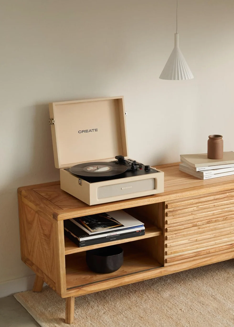 CREATE/Record Player Retro/Tragbarer Koffer-Plattenspieler in Cremeweiß/Mit Bluetooth USB, SD, MicroSD und Mp3, Retro-Stil