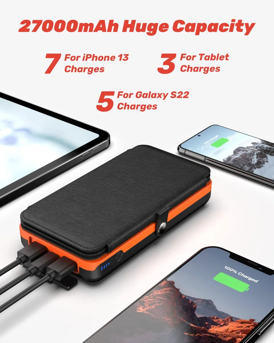 Solar Ladegerät Power Bank 27000mAh - BRENCIL Solar Powerbank 3A Schnelles Aufladen 3 Ausgängen mit 4 Faltbaren Solar-Panels Tragbares Ladegerät für Handys, Tablets (Orange)