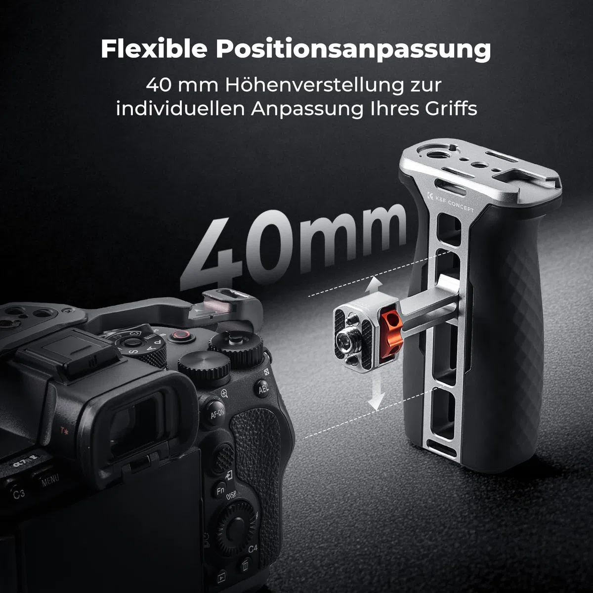 K&F CONCEPT Seitengriff für Kamerakäfige, Side Handle mit 3/8" Locating Schraube für ARRI und mit Schnellverschluss für NATO-Schiene,mit Kaltschuh und Gewindeloch,40mm nach Oben/unten verstellbar