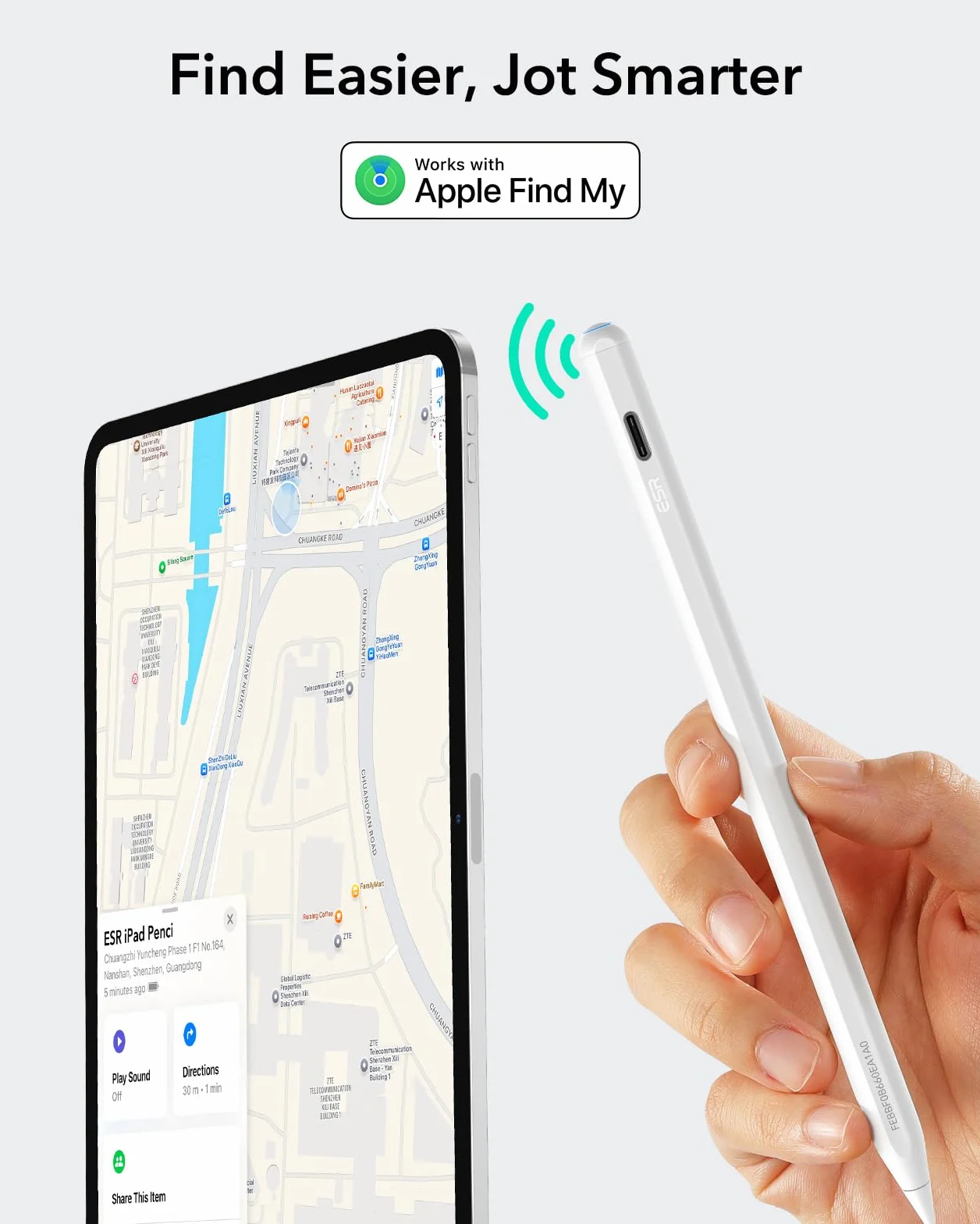 ESR Find My Stift für Apple iPad 2018-2026, Digital Pencil Pro mit „Wo ist?“ Funktion & Neigungssensitivität für iPad A16/10/9/8 & Air 13/11 & Pro 12.9/13/11 & Mini 7/6/5, Weiß(kein kabelloses Laden)