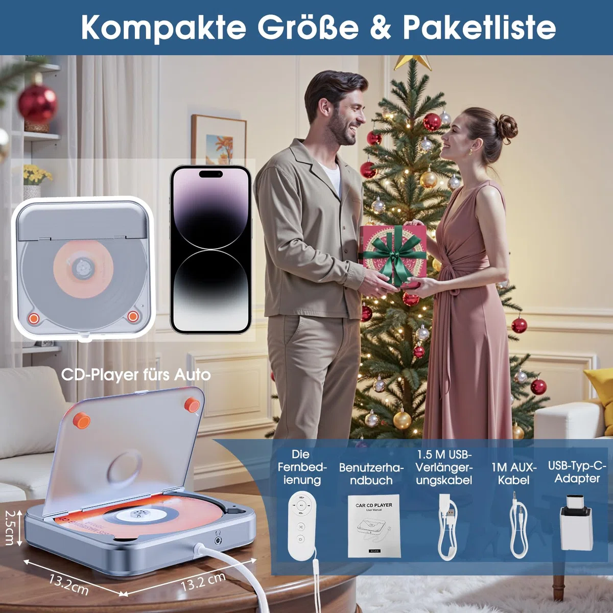 CD Player für Auto mit USB/AUX-Anschluss, CENXINY Externer CD-Player kompatibel mit Auto Radio, universeller Player fürs Fahrzeug, mit AUX-Kabel/USB-Verlängerungskabel
