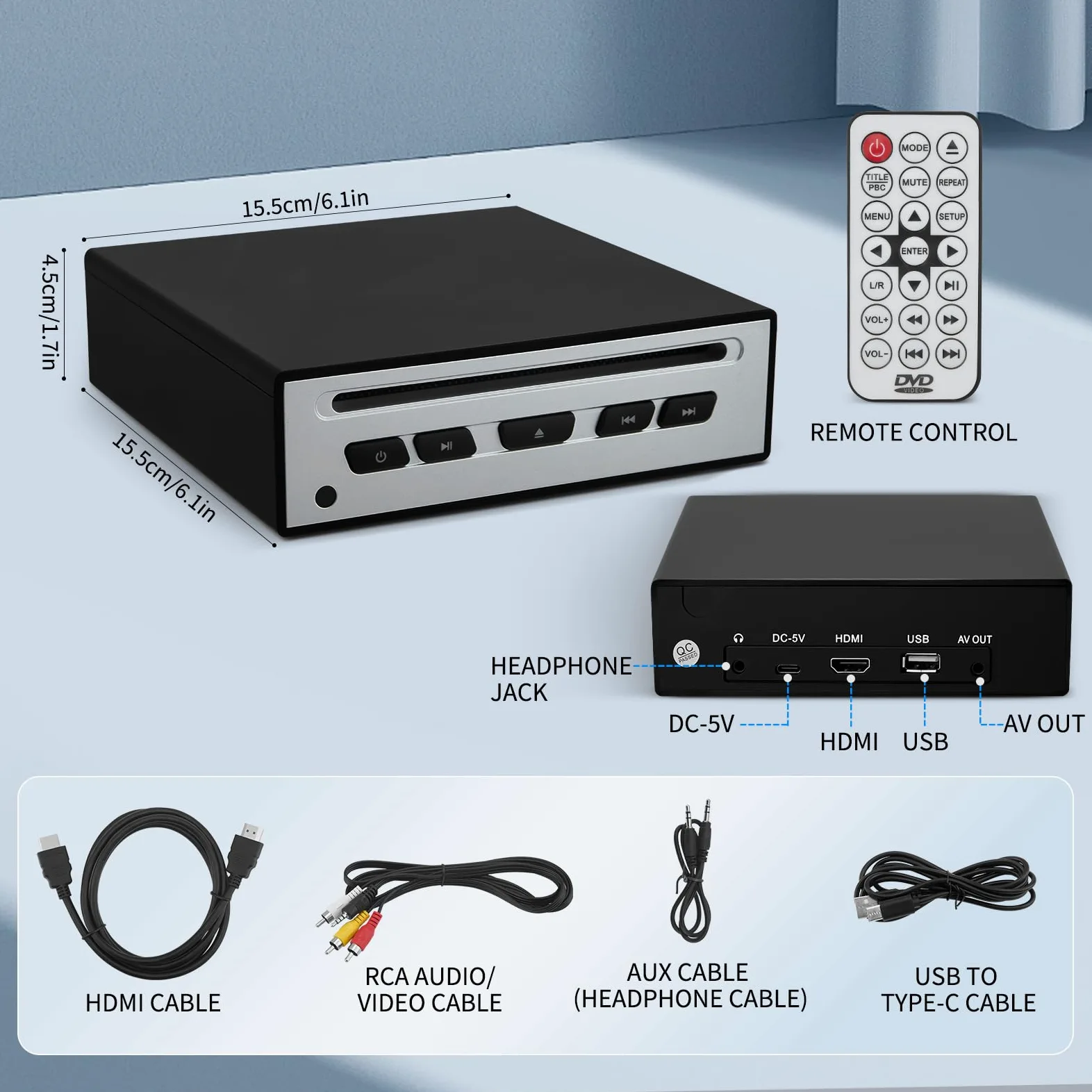 CD Player für Auto – Externer Universal-Auto-CD-Player mit USB, AUX, HDMI & USB-C Anschluss, Plug & Play, Kompatibel mit Autoradio, Laptop, TV, Computer und Hi-Fi-Anlagen