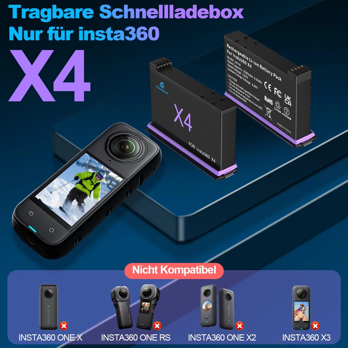 Homesuit 2er-Pack Insta 360 X4 Akku 2500mAh und 3-Kanal USB Ladegerät Kit Kompatibel mit Insta360 X4 Action Kamera Zubehör mit Misro SD Kartensteckplätzen (Not for X4 Air)