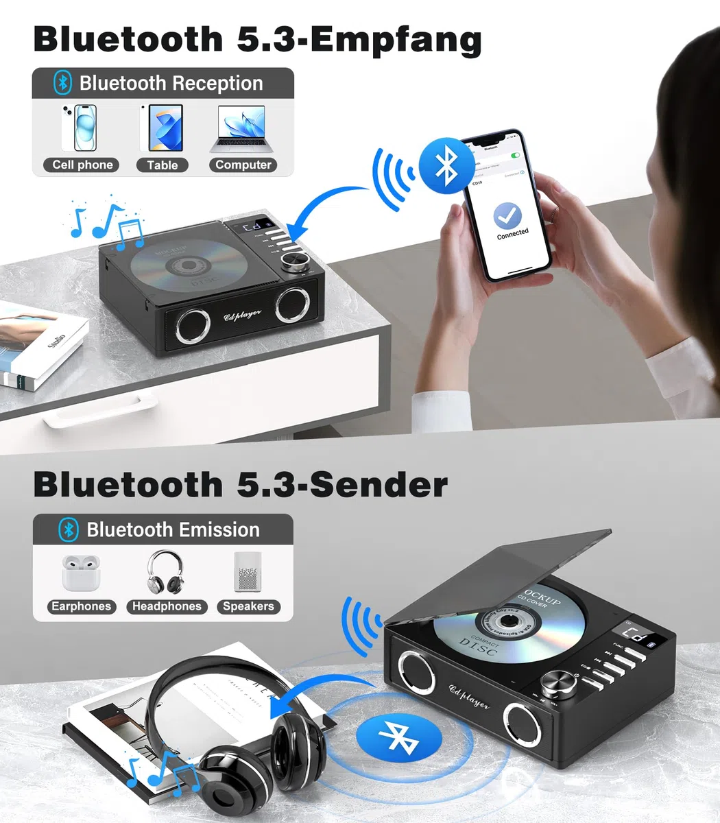 Greadio CD Player Tragbar mit Bluetooth 5.3, 4000mAh Wiederaufladbarer CD-Player mit Fernbedienung, HiFi-Sound-Lautsprecher, unterstützt USB, TF, AUX, LED-Display für Zuhause/Auto/Geschenk