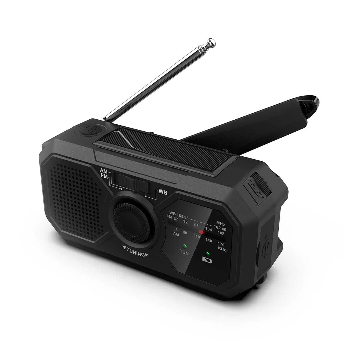 SOLARIS Tragbarer Kurbelradio mit integrierter Taschenlampe, Solarpanel und Handkurbel-Ladefunktion.