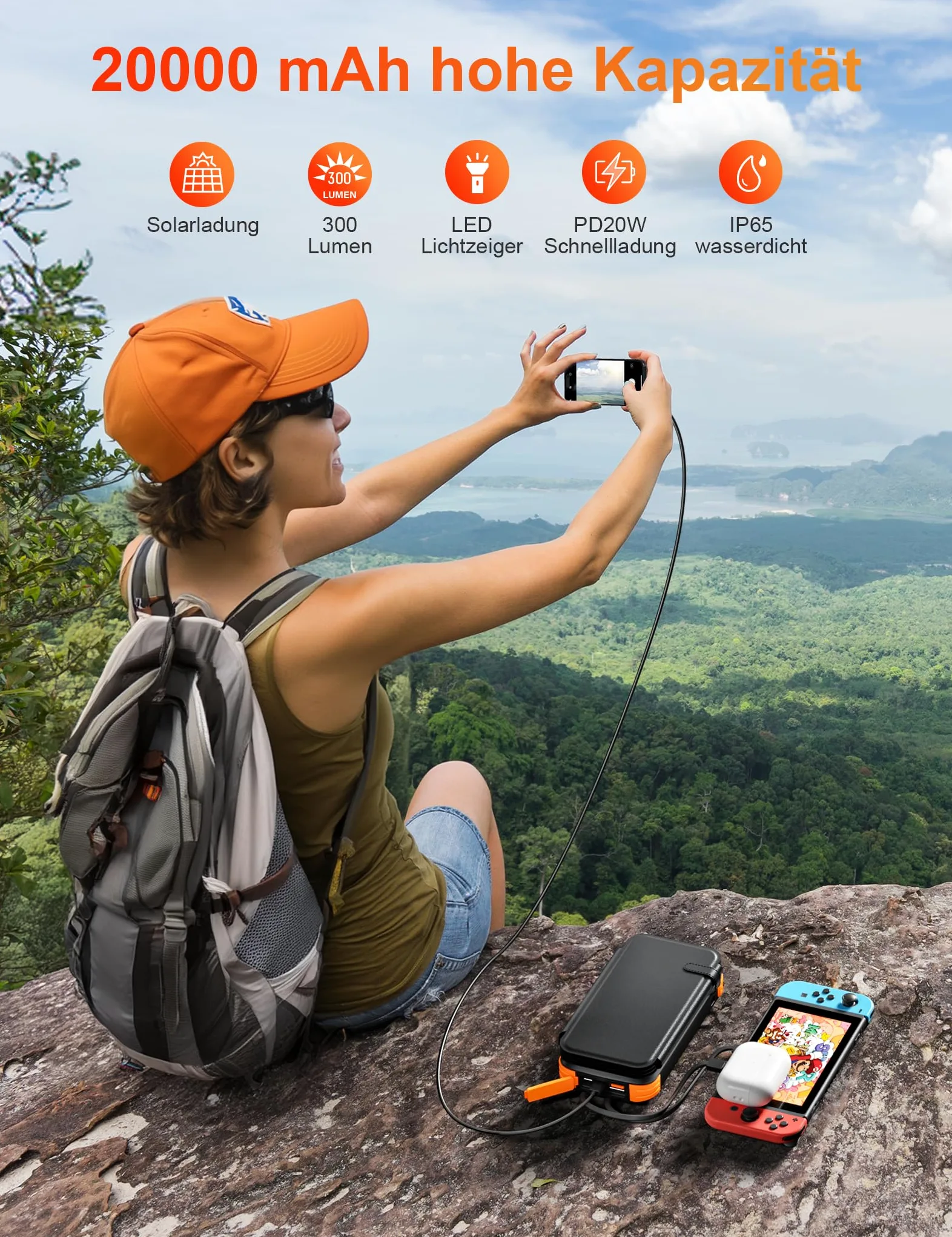 Solar Powerbank 20000mAh, Tragbare Ladegerät mit 4 Faltbar Externes Solarpanel ladegeräte 4 Integrierten Kabeln, Solar Power Bank Externer Akku mit 2 LED Taschenlampe für Smartphones, Tablets (Orange)