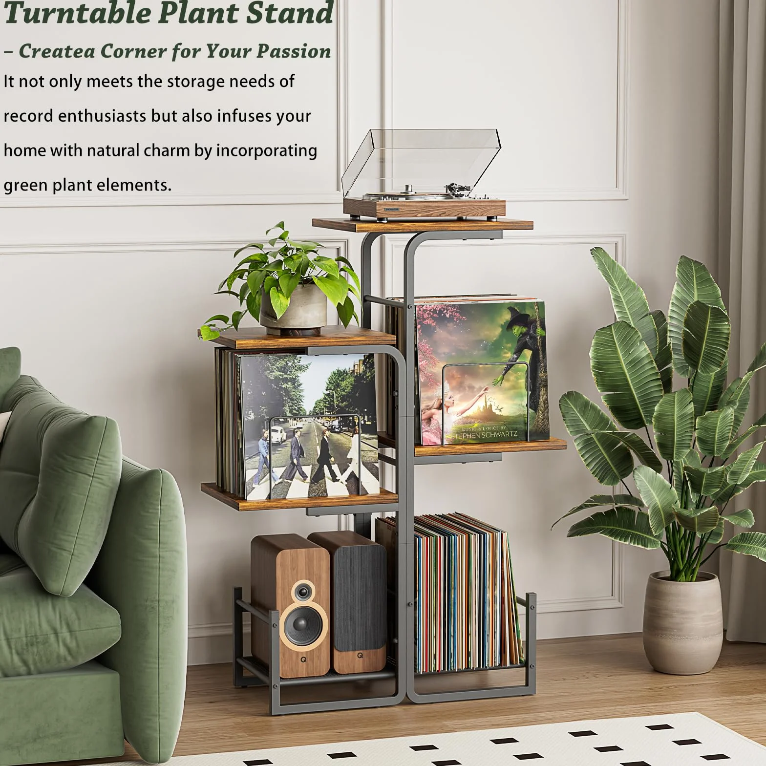 Bikoney Plattenspieler Ständer mit großem Vinyl Stauraum, Vintage Turntable Tisch mit LP Ablage & Schallplatten Display, Pflanzendesign Plattenschrank für Wohnzimmer, Schlafzimmer & kleine Räume