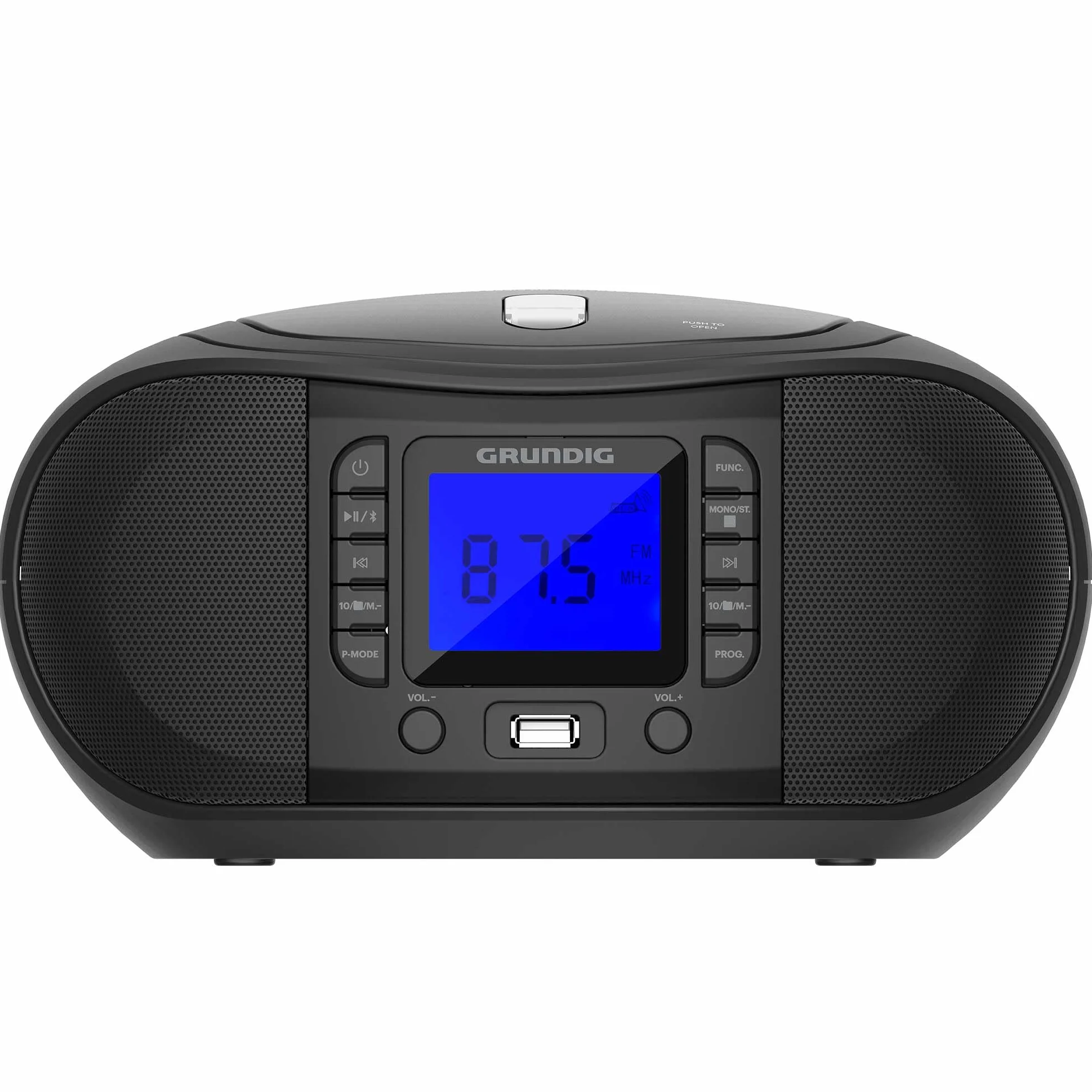 GRUNDIG GRB 3500 tragbare Radio Boombox mit Bluetooth, integrierter CD-Player, USB 2.0 Anschluss, 3,5 mm Kopfhöreranschluss, FM Empfangsteil mit PLL-Frequenz- Abstimmung, 30 Senderspeicher, Schwarz