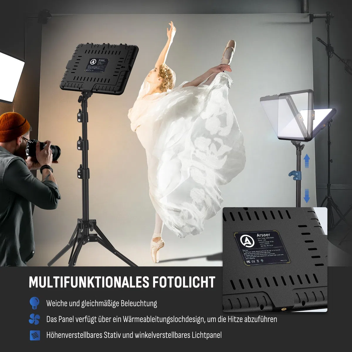 Video Licht Set, 2-Pack 25x20 cm 15 W LED Studio Fotolicht, Dimmbares 2800–6500K Kamera Licht für Video/Streamen von Selfies/Porträts im Innenbereich, Licht mit 160cm Stativ/TypC Adapter (2-Pack)