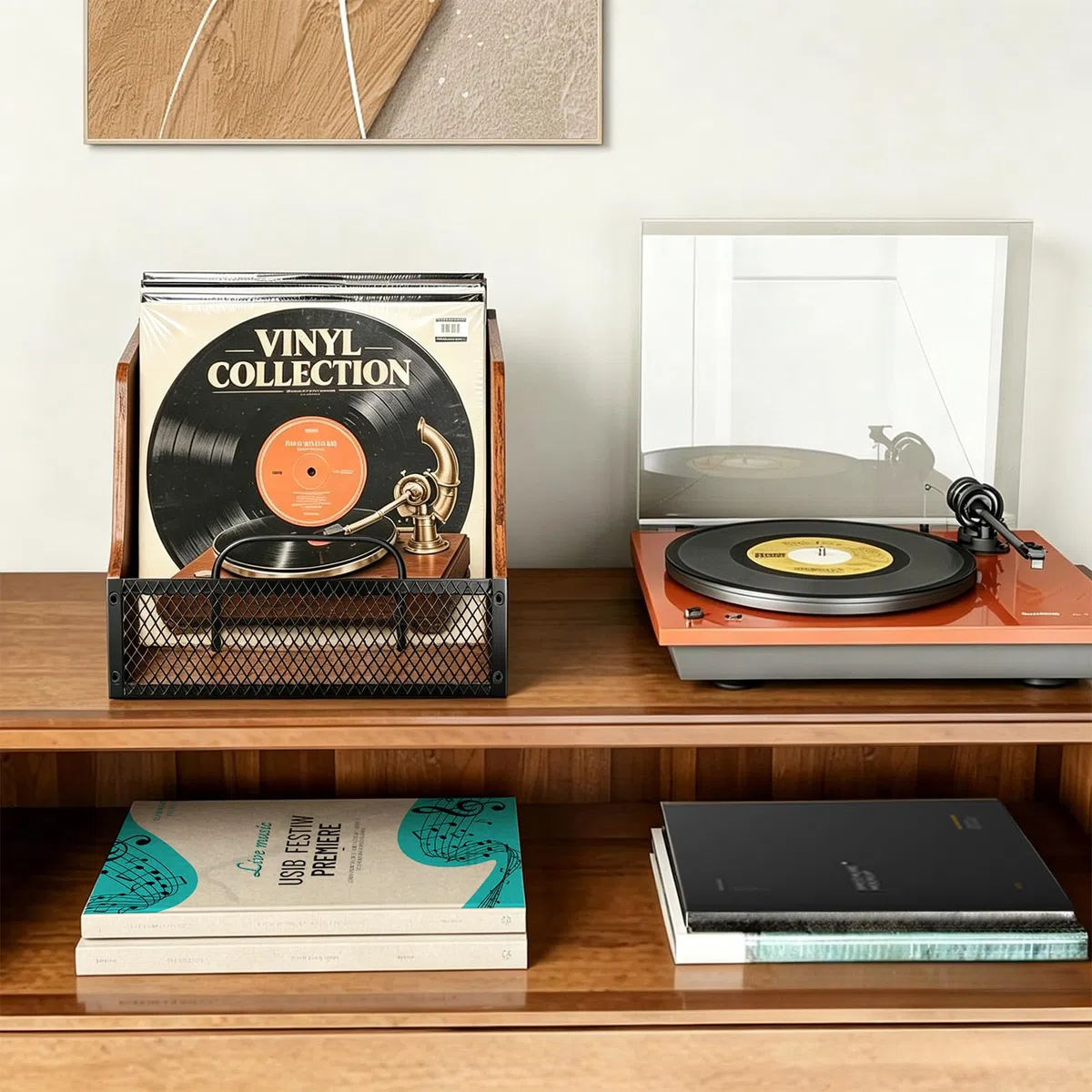BILIONE Schallplatten Aufbewahrung - Holz & Metall Schallplatten Ständer für 7/10/12 Zoll Vinyl, Schallplattenhalter für bis zu 60 Schallplatten, Vinyl Aufbewahrung für Musikliebhaber