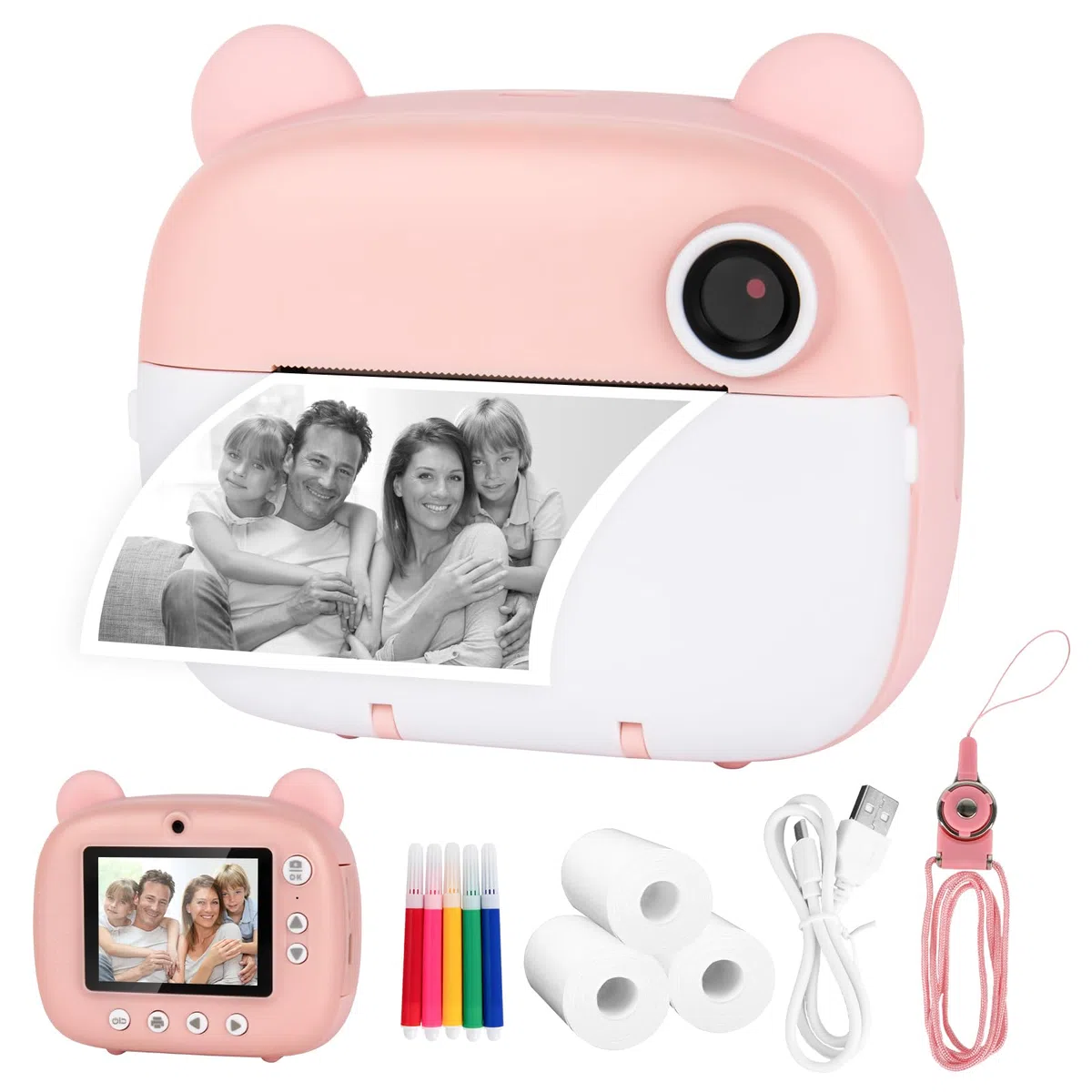 Kinderkamera 1080p Sofortbildkamera mit 32 GB Karte & Fotopapier für Mädchen und Jungen (Rosa)