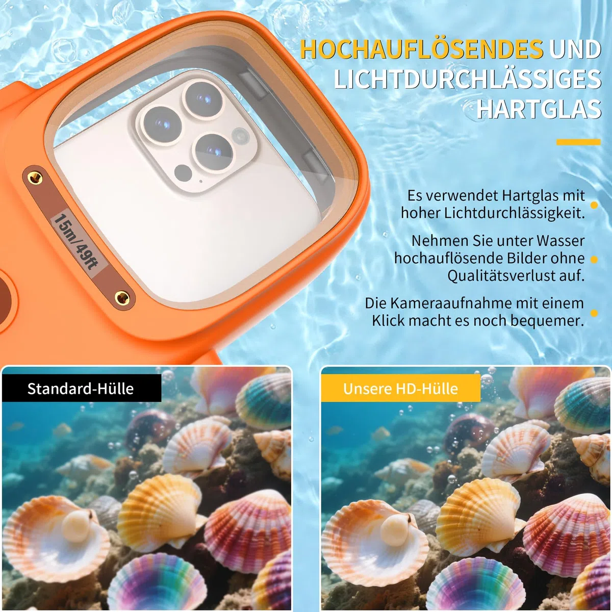 wasserdichte Handyhülle IPX8 Universelle Tauchen,Professionelle Unterwasser Hülle 15M Wasserfeste [Bluetooth Funktion][Einstellbarer Fokus] Case für iPhone Samsung Xiaomi 4.7-6.9",Orange