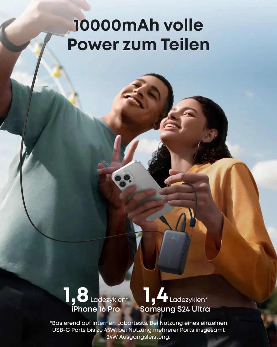 Anker Nano Powerbank,10.000mAh Externer Akku mit 70cm Anker InstaCord Einzugskabel, 45W Max Kompakter Akku, Smart-Display, für iPhone 17/16, iPad, Galaxy, Pixel und mehr