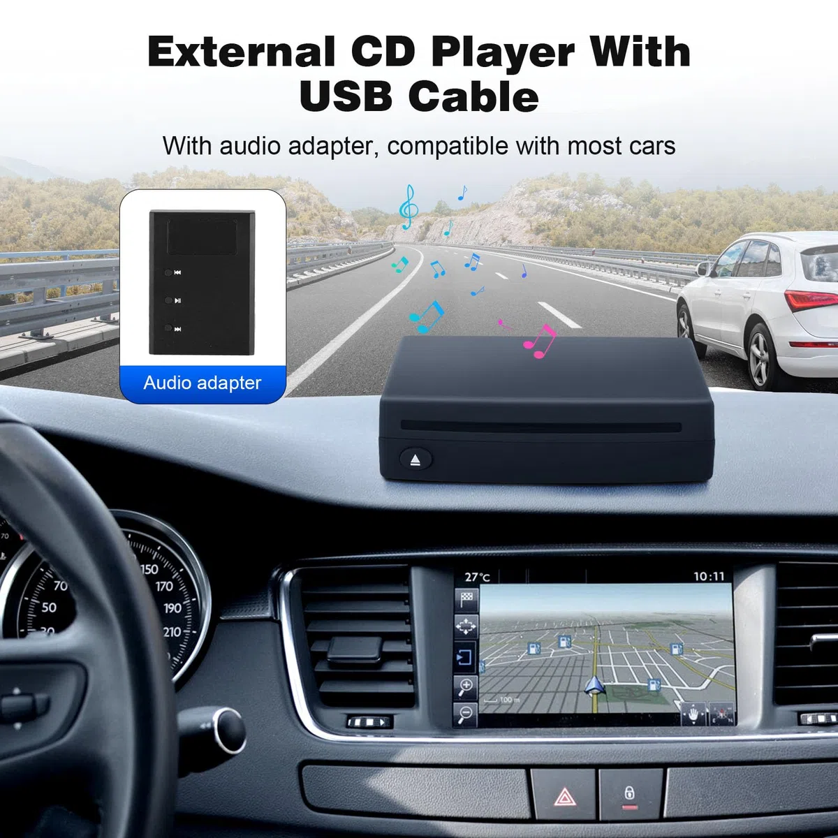 CD Player Auto Extern mit Adapter, Auto-cd-Player mit USB-Anschluss, CD/DVD Dish Box Player, Externes Laufwerk für Laptop, PC, Fernseher, Kompatibel mit Android Autoradio