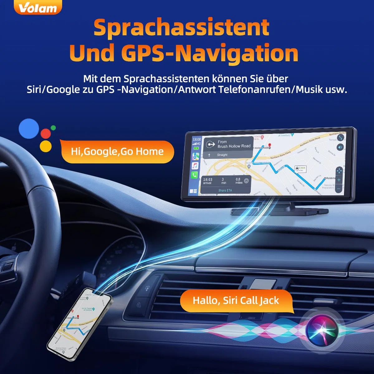 Volam 9.26 Zoll CarPlay Display,Tragbares Autoradios kompatibel mit Apple CarPlay&Android Auto,Car play IPS Touch Screen,Carplay Bildschirm mit siri/GOO-gle,GPS Navigation,Blue-tooth,Mirror Link