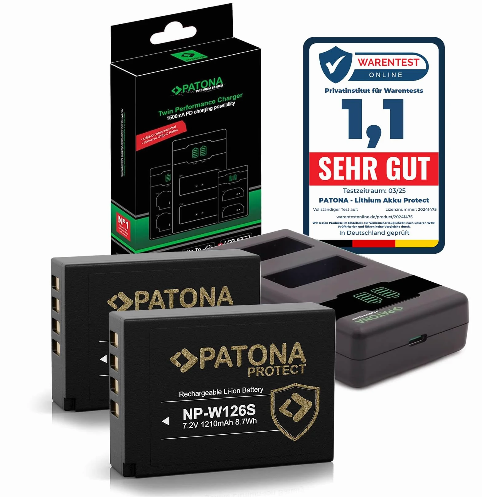 PATONA 2X Protect NP-W126s Akku (1210 mAh) + USB-C PD Dual-Ladegerät – für Fujifilm X-T5 X-T50 X-S10 X-M5 X100VI X100F X-T30 X-Pro3 – mit NTC-Sensor & V1-Gehäuse