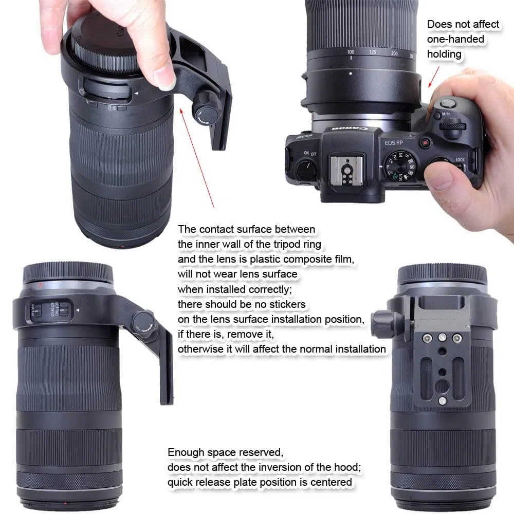 iShoot Stativhalterung, Ringlinsenhalsband, kompatibel mit Canon RF 100–400 mm f/5.6–8 is USM, Objektivhalterung, Unterseite ist Arca-Swiss Fit Schnellwechselplatte Schwalbenschwanznut