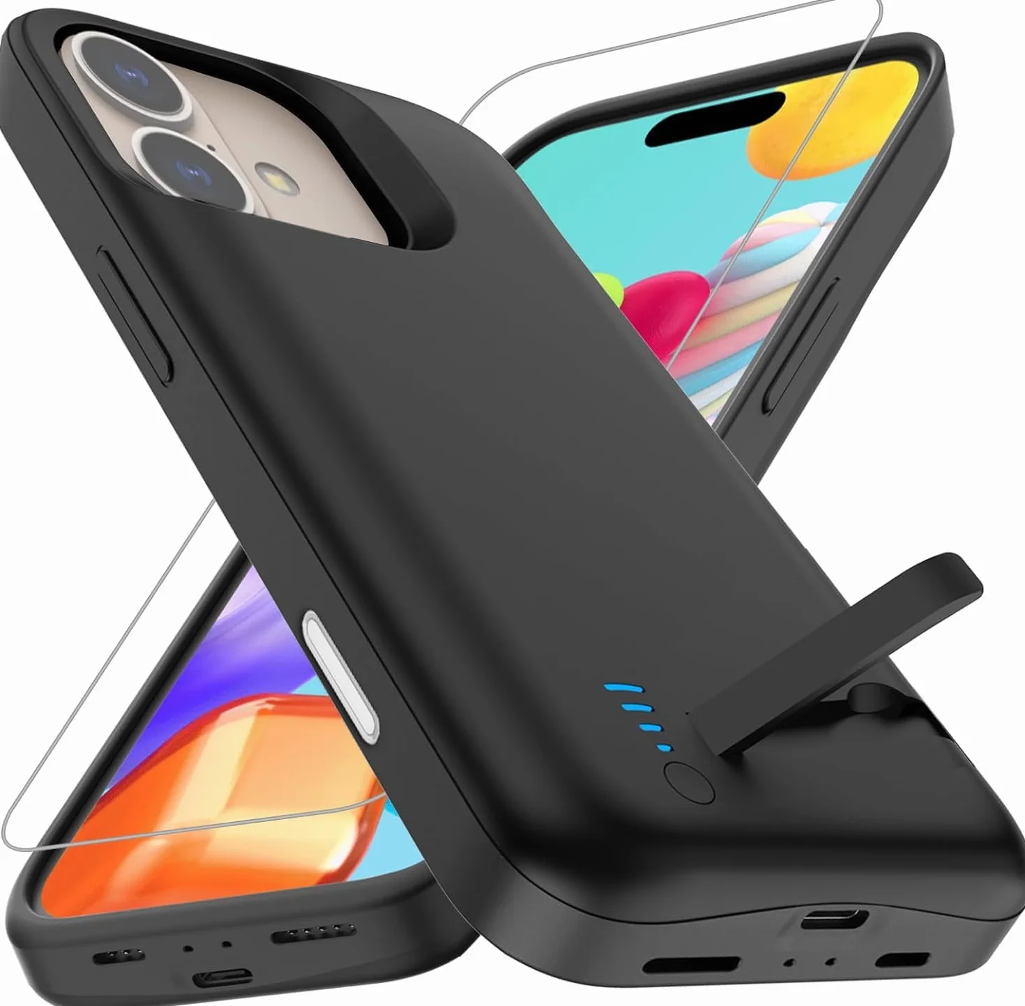 Akkuhülle für iPhone 16 (6.1") 8500 mAh, Schlanke Wiederaufladbare Erweiterte Ladehülle, Tragbare Schützende Telefonhülle mit Akku Power Bank mit Standfuß für iPhone 16 – Schwarz