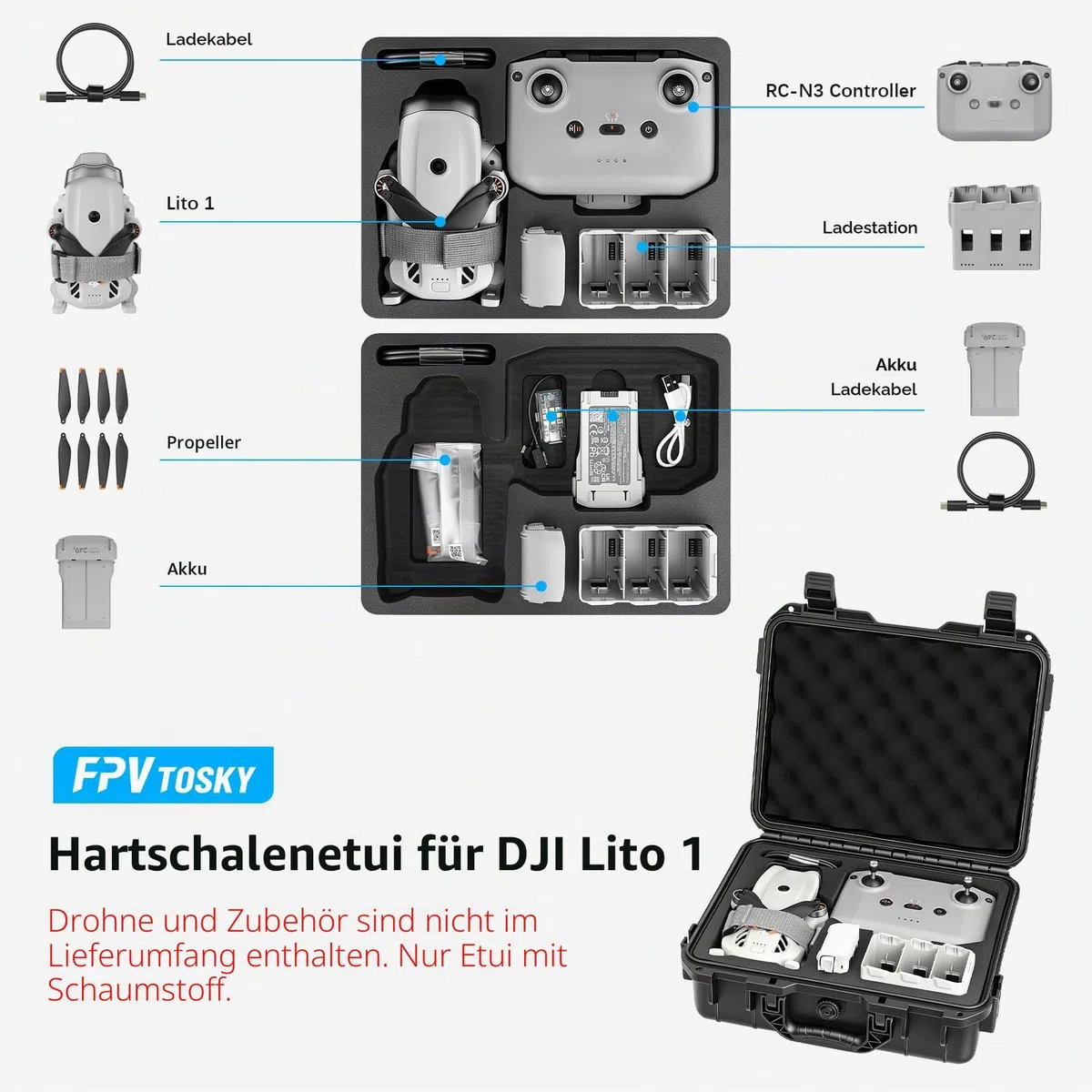 FPVtosky Lito X1/ 1 Koffer, Tragetasche für DJI Lito X1 / 1, kompatibel mit RC-N3, Akku, Ladegerät-Hub und anderem Zubehör