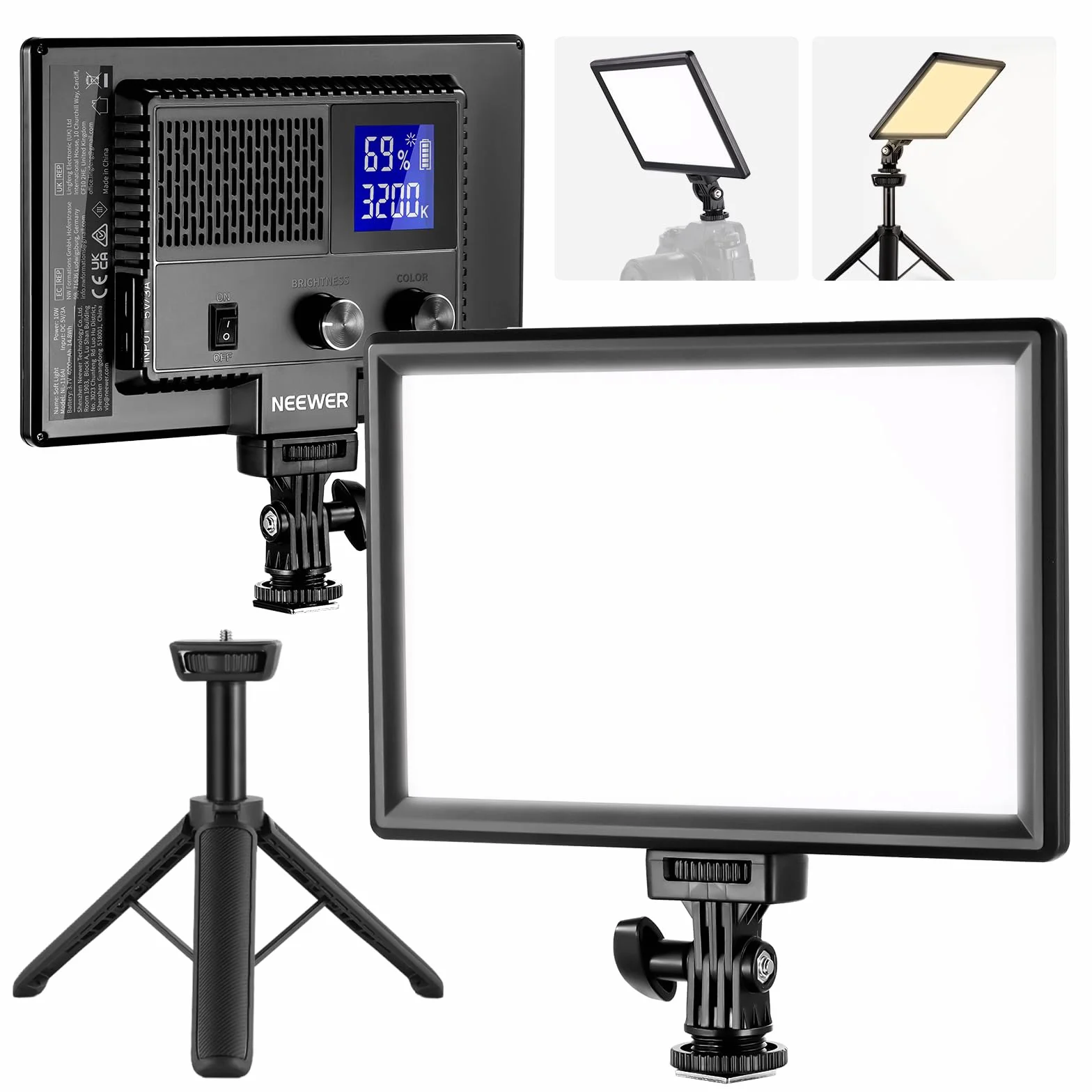 NEEWER 9" LED Videolicht Panel dimmbares weiches Licht für DSLR Kamera mit Mini Stativ 4000mAh Akku USB Type C Anschlüsse 3200K~5600K CRI95+ 600Lux Fotografie Videoaufzeichnung Live Streaming NL-116AI