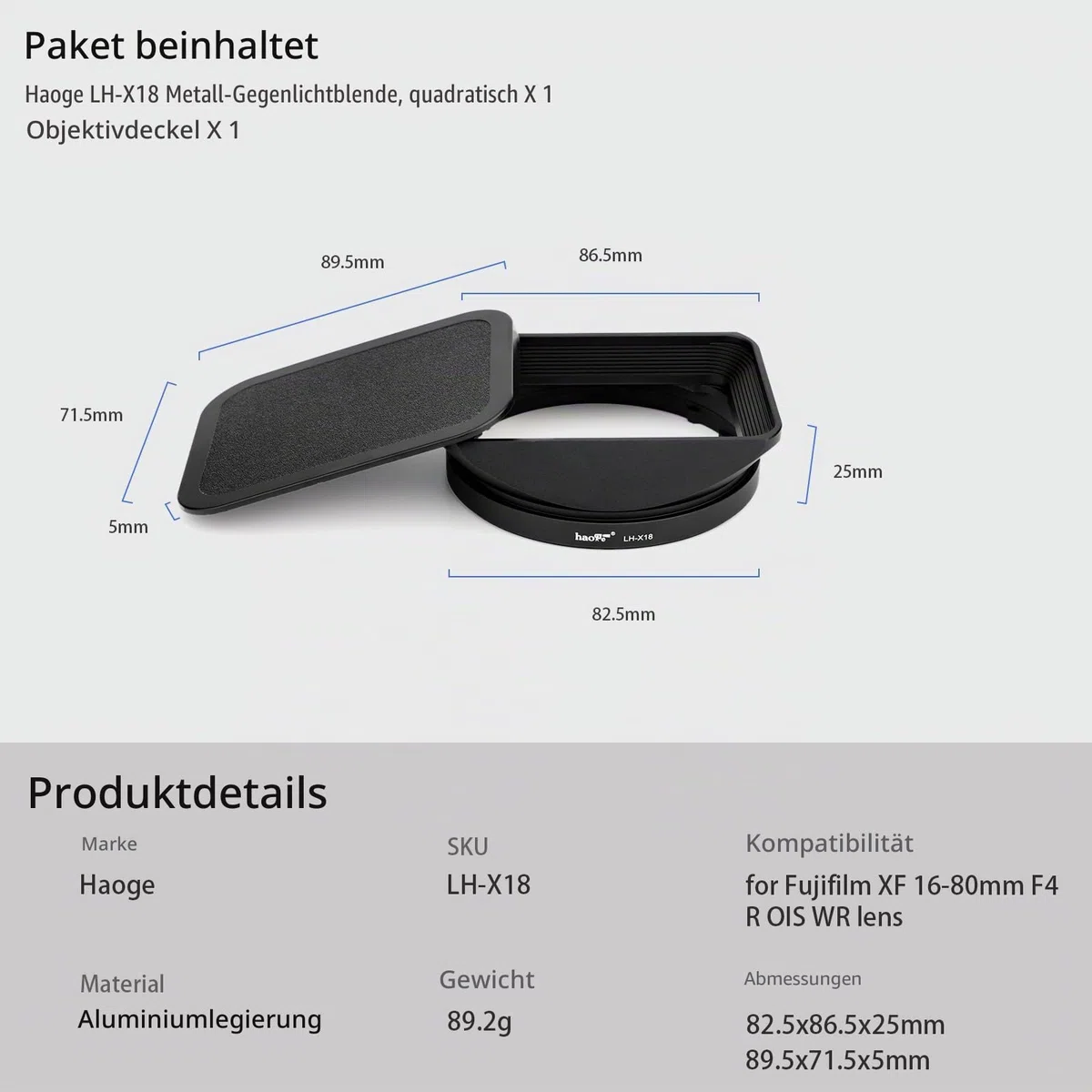 Haoge LH-X18 Bajonett-Gegenlichtblende aus Metall, quadratisch, mit Kappe für Fujifilm XF16-55 II, Fuji Fujinon XF 16-80mm F4 R OIS WR Objektiv