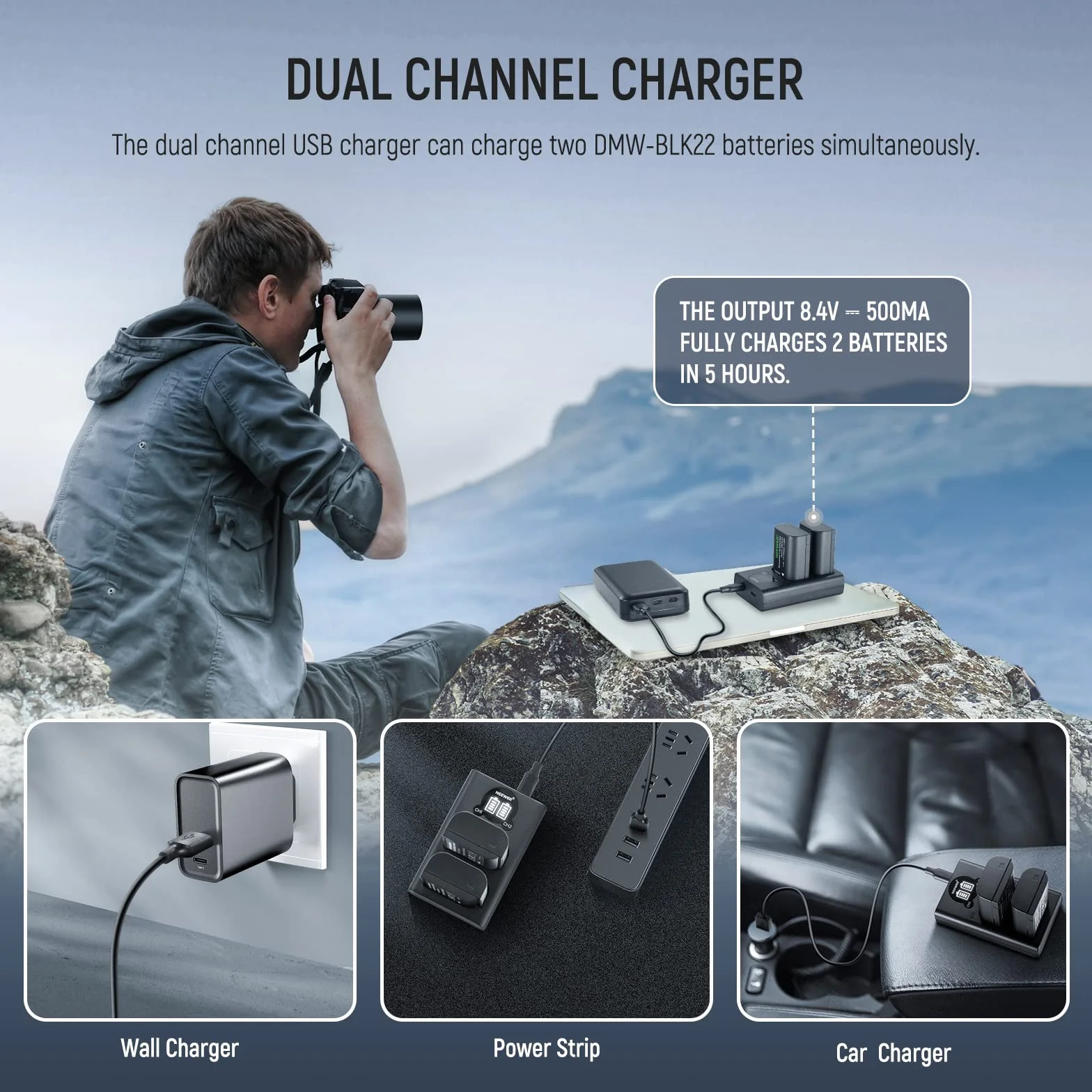 NEEWER Ersatzakku und Ladegeräteset für DMW-BLK22, kompatibel mit Panasonic Lumix DC-S5 GH5 II S5II GH6 S5 IIX S9, 2er Pack 2400mAh Akkus und Typ C Dual Channel USB Ladegerät