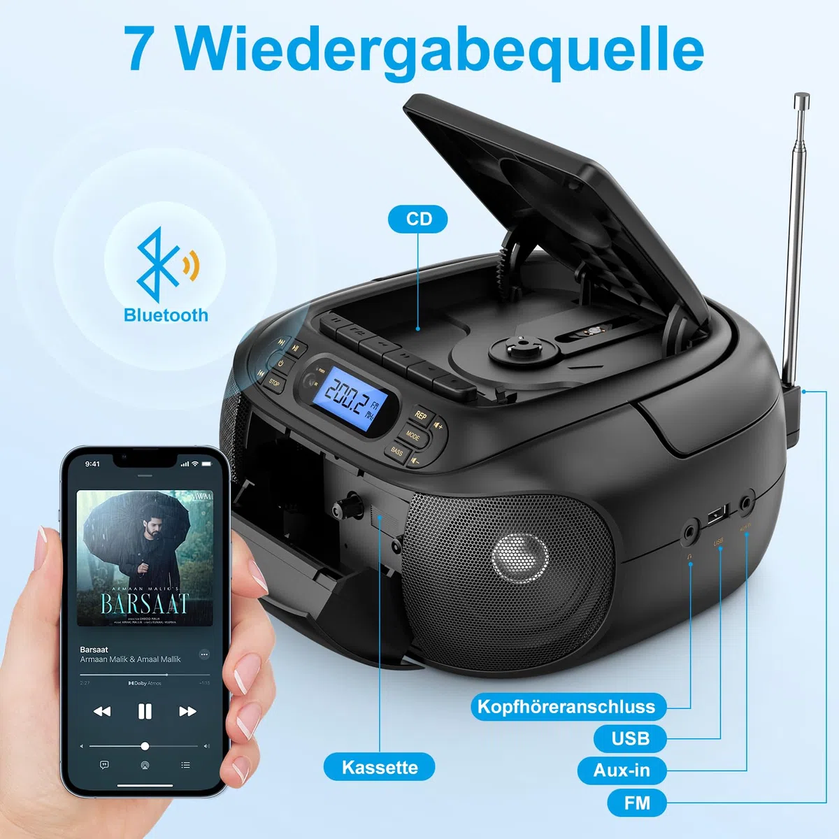 CD-Player mit Kassette, CD Boombox mit Bluetooth, UKW-Radio, Eingebauten Stereo-Lautsprechern, Wiederaufladbarem CD/Tape-Player, AUX-Eingang, USB-Wiedergabe, Kopfhörerausgang
