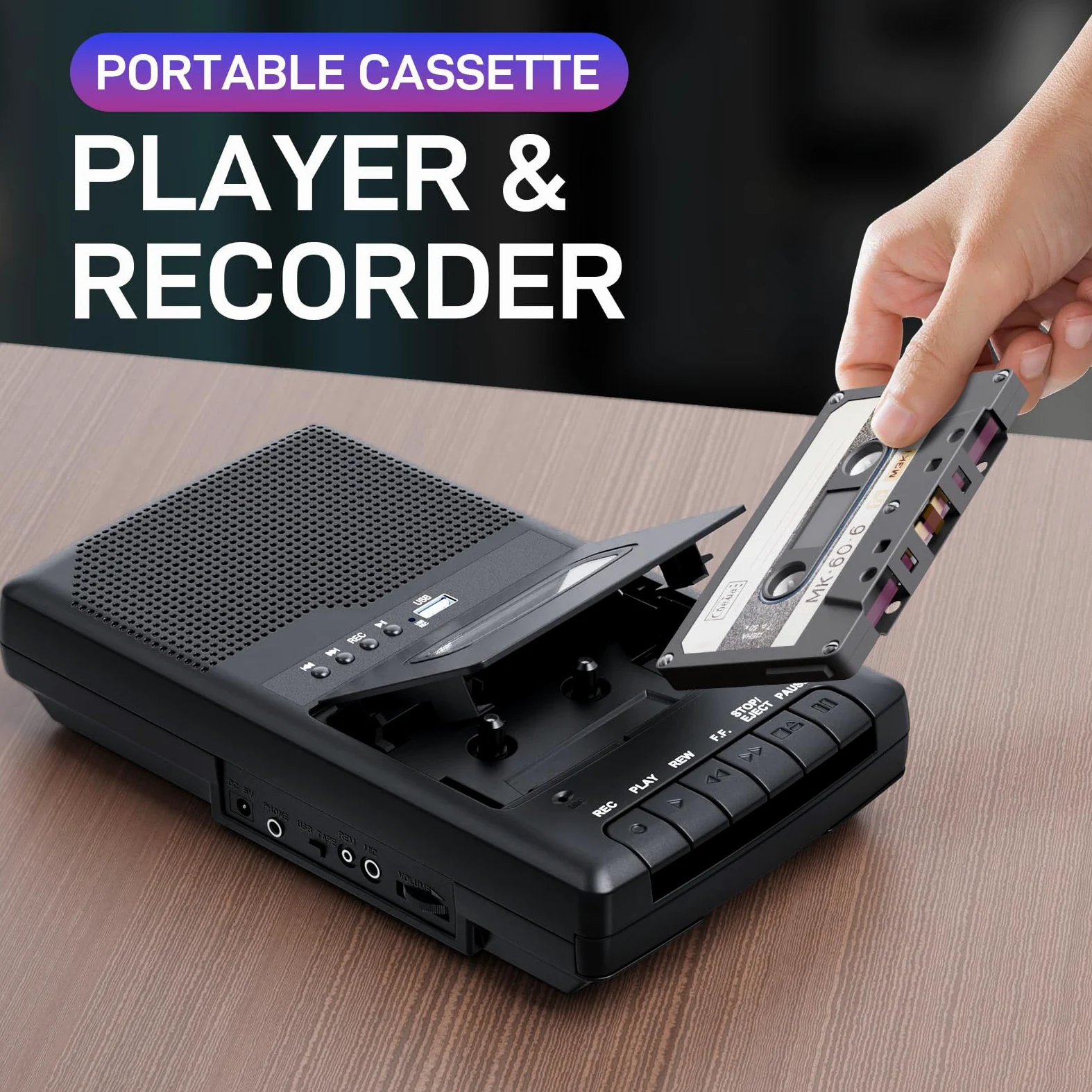 kassettenrekorder,Portable Kassettenspieler, Tragbarer USB-Kassettenspieler mit Eigenständigem Mikrofon, Digitalkonverter für Kassetten auf USB-Flash-Disk,Schwarz