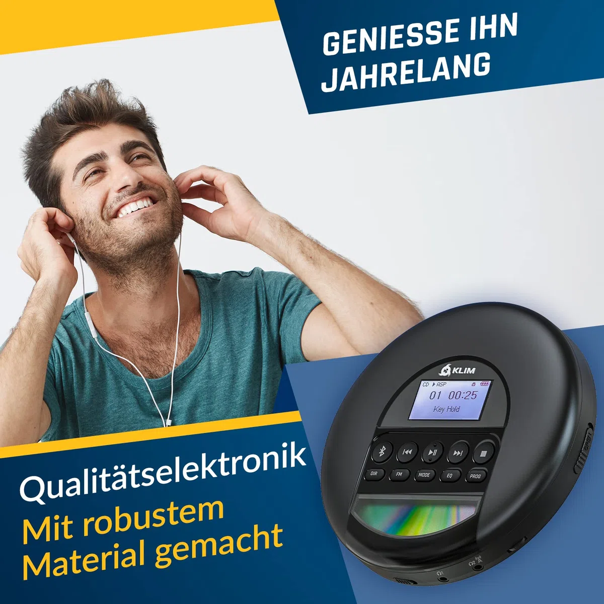 KLIM Nomad CD Player Bluetooth – Tragbarer Discman mit langlebigem Akku – Inklusive Kopfhörer – CD-R, CD-RW, MP3 – Mit TF-Reader, FM-Radio – Ideal für Autos – Tragbarer Musik-Player