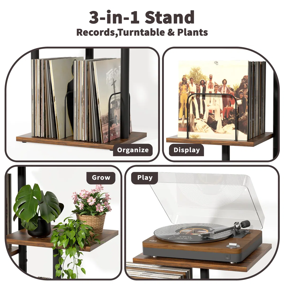 Bikoney Plattenspieler-Ständer mit Vinyl-Aufbewahrung, Holz-Tisch für Plattenspieler mit LP-Regal, Schallplatten-Organizer und Display für Kleine Räume, Wohnungen, Schlafzimmer und Wohnzimmer