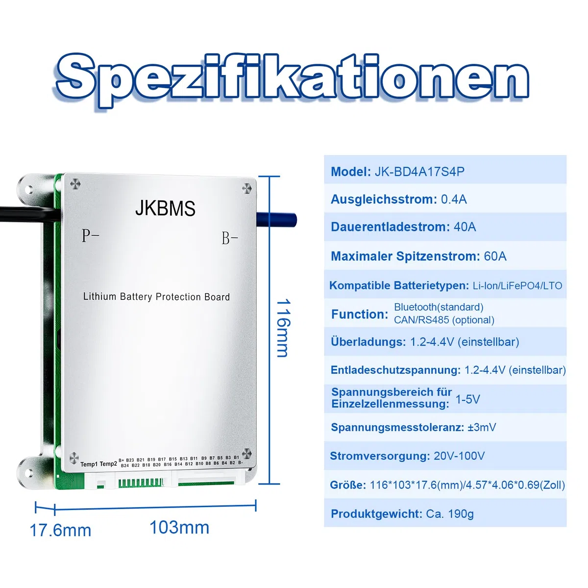 JKBMS Smart BMS 8S-17S 24V-60V 40A 0.4A Aktives Balance-BMS mit eingebautem Bluetooth und RS485 Batterieschutzplatine für Li-Ion,LiFePO4 und LTO Lithium-Akkupacks (JK-BD4A17S4P)