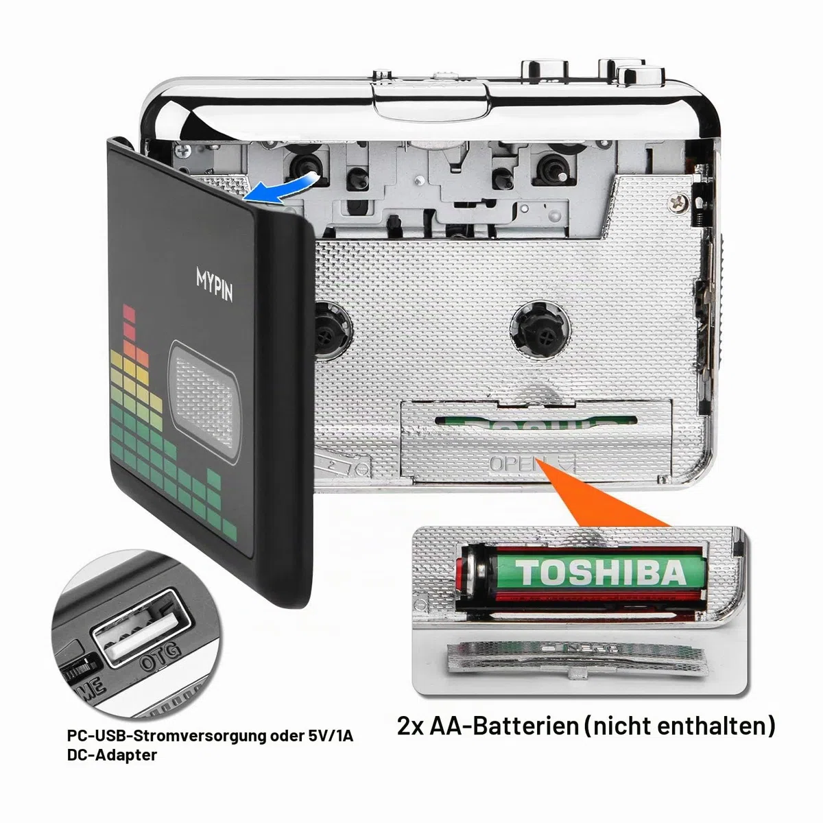 MYPIN Kassettenspieler, Tragbarer Kassettenkonverter USB Audio Kassette zu MP3 Player Konverter Kassette Auto-Rücklauf-Audio Notebook Retro Band Player mit Kopfhörer, braucht Keine Computer