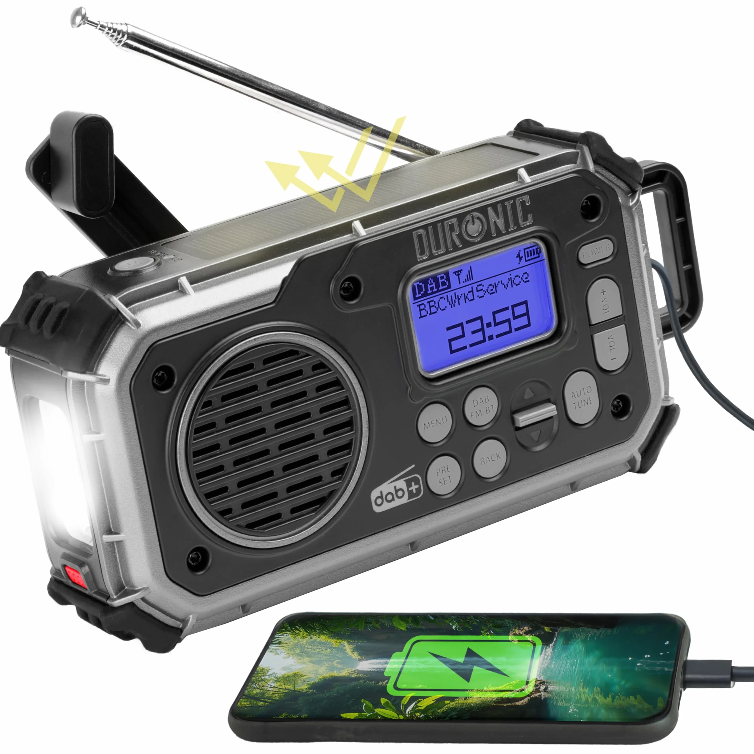 Duronic SDAB1 Kurbelradio, Tragbares Solar Notfall DAB FM Radio mit LED Licht und Kurbel, Batteriebetrieb und 2000mAh Powerbank, Bluetooth Speaker