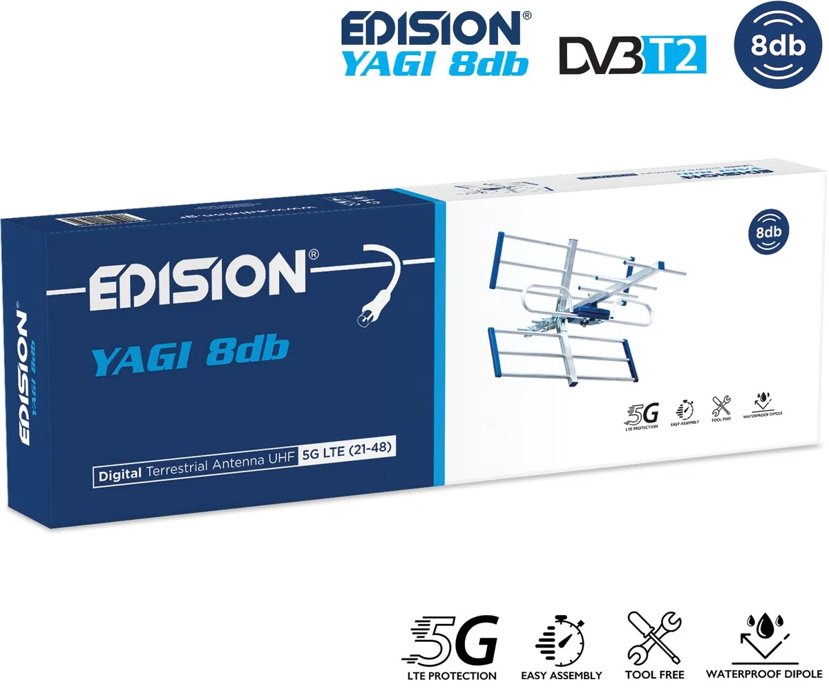 EDISION YAGI 8db Außenantenne Terrestrisch 21-48 UHF, 5G LTE Filter, für den Empfang von digitalen DVB-T/T2 Kanäle, TV Antenne, Frequenzbereich 470-694Mhz, Länge 47cm, LTE700, Blau