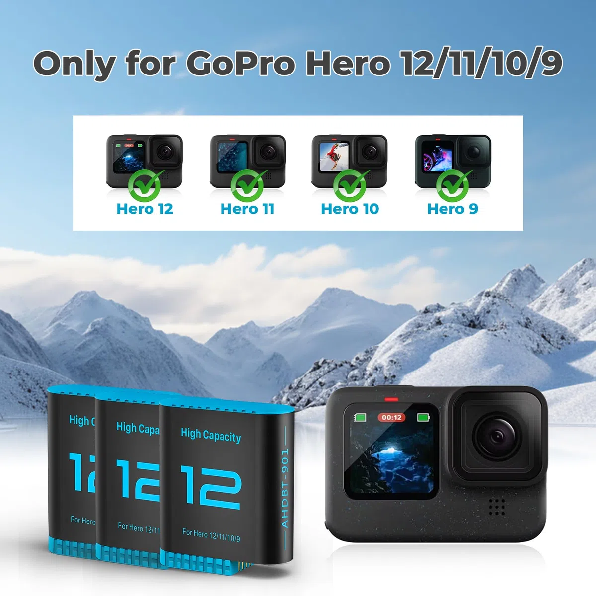 3-Stück Hero12 Akku Ladegerät Kit 2580mAh Ersatzakkus Typ-C LED Dreikanal Ladestation für GoPro Hero 12 11 10 9 Black (Ladegerät +3 Akkus)