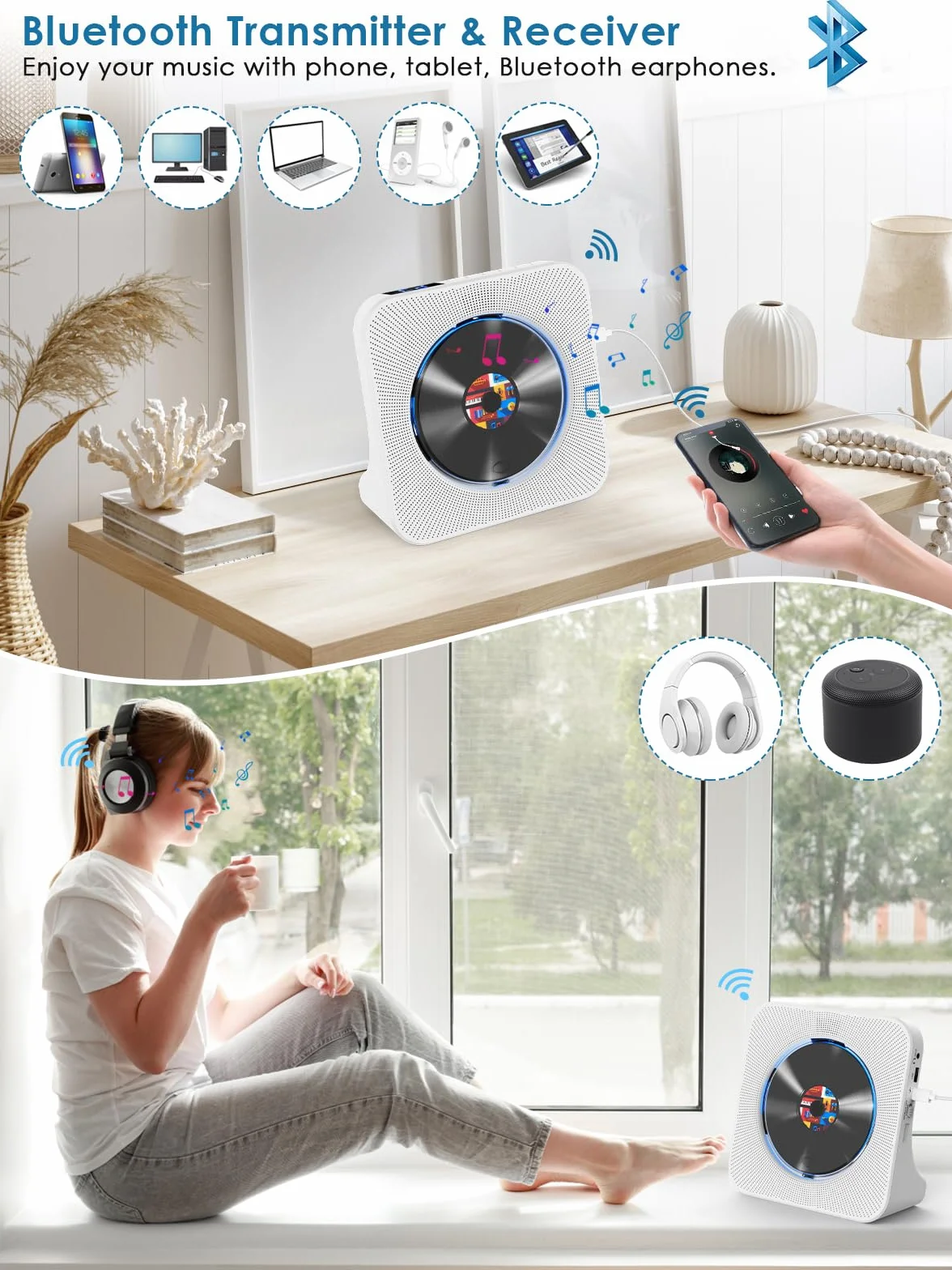 Gueray CD Player Bluetooth CD-Player mit Lautsprecher Unterstützt Fernbedienung Anzeige FM Radio mit CD Players USB- Kartenwiedergabe 3,5 mm AUX Wecker Kopfhöreranschluss Staubschutzhülle