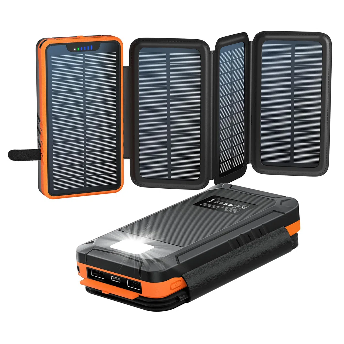 elzle Solar Powerbank 26800mAh, 4 Solarpanel, Outdoor Camping | Wasserfestes Design, 4 Modi Taschenlampe, 5V/2.1A, 5V/3.1A Ausgang, 2 USB-A, 1 USB-C, 5W Solar Eingang, für Handy, Tablet