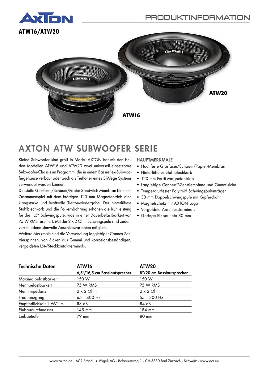 AXTON ATW16: 16 cm Subwoofer, Basstreiber für Autos, 2 x 2 Ohm, 75 W RMS