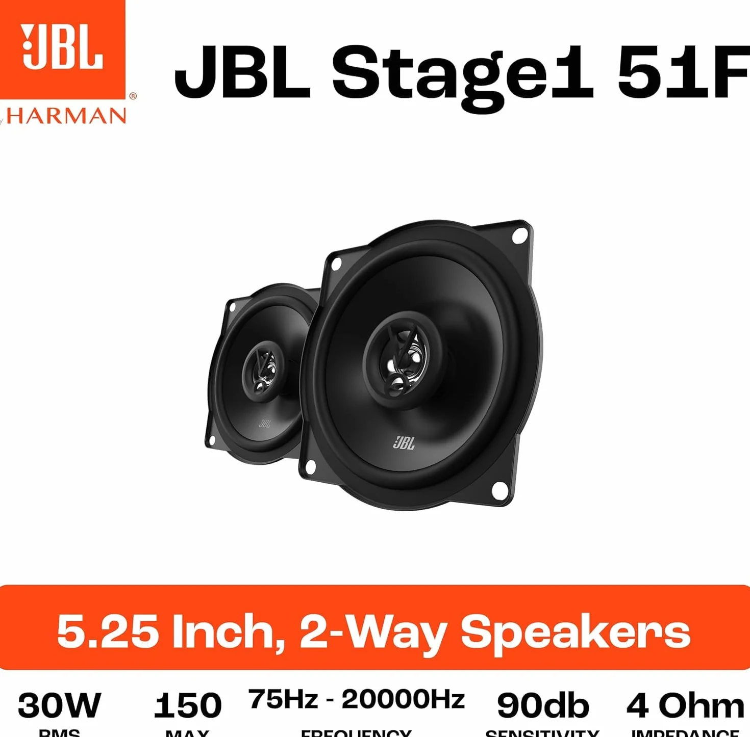 JBL Stage1 51F 2-Wege Auto Lautsprecher Set von Harman Kardon - 150 Watt KFZ Auto Boxen 30 Watt RMS - 2 stück Car HiFi JBL Box groß 13cm | 130mm | 5,25 Zoll, Schwarz