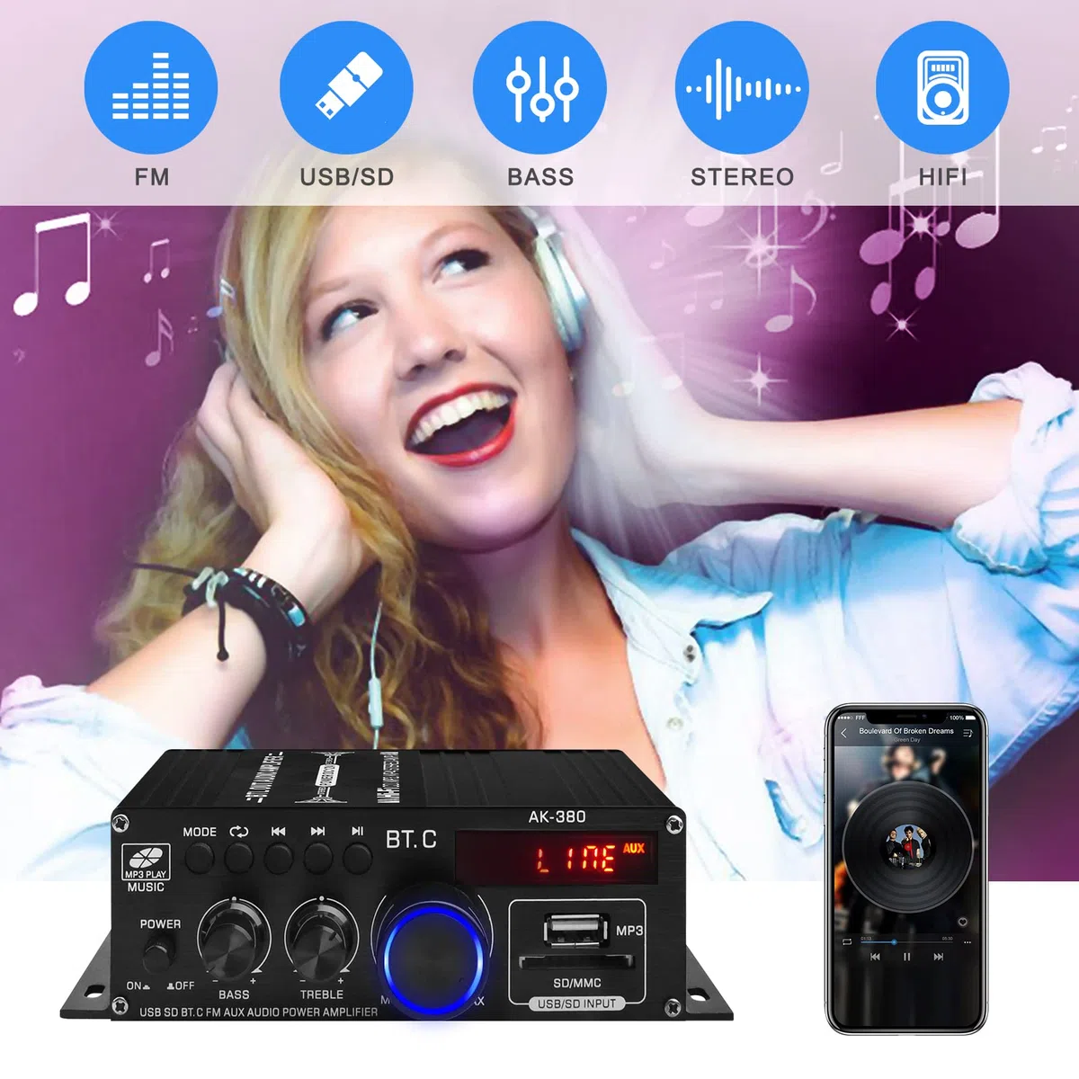 AK-380 Bluetooth 5.0 HiFi Verstärker 2.0-Kanal 40W x 2 Max. 400W Mini Verstärker Stereo Audio Leistungsverstärker-Empfänger mit USB SD Slot, UKW-Radio für Auto und Heimlautsprecher