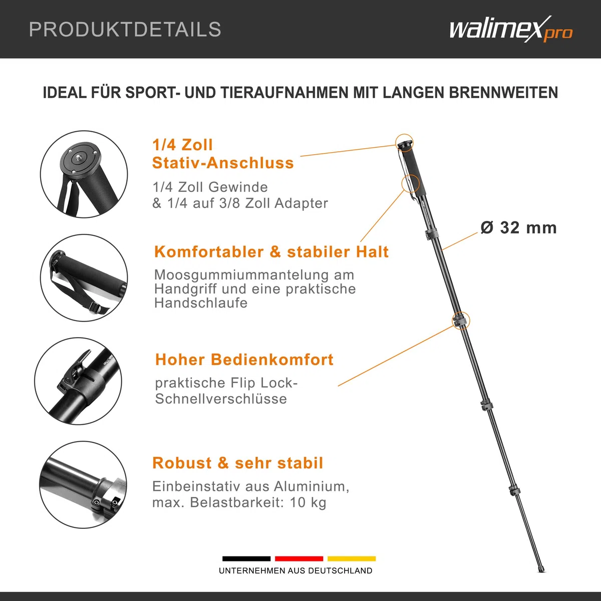 Walimex FT-1502 Pro Einbeinstativ 177 cm, robustes Fotostativ aus Aluminium, Kamerastativ mit 10 kg Traglast, Stativ für DSLR, DSLM und Kompaktkameras, inkl. Transporttasche