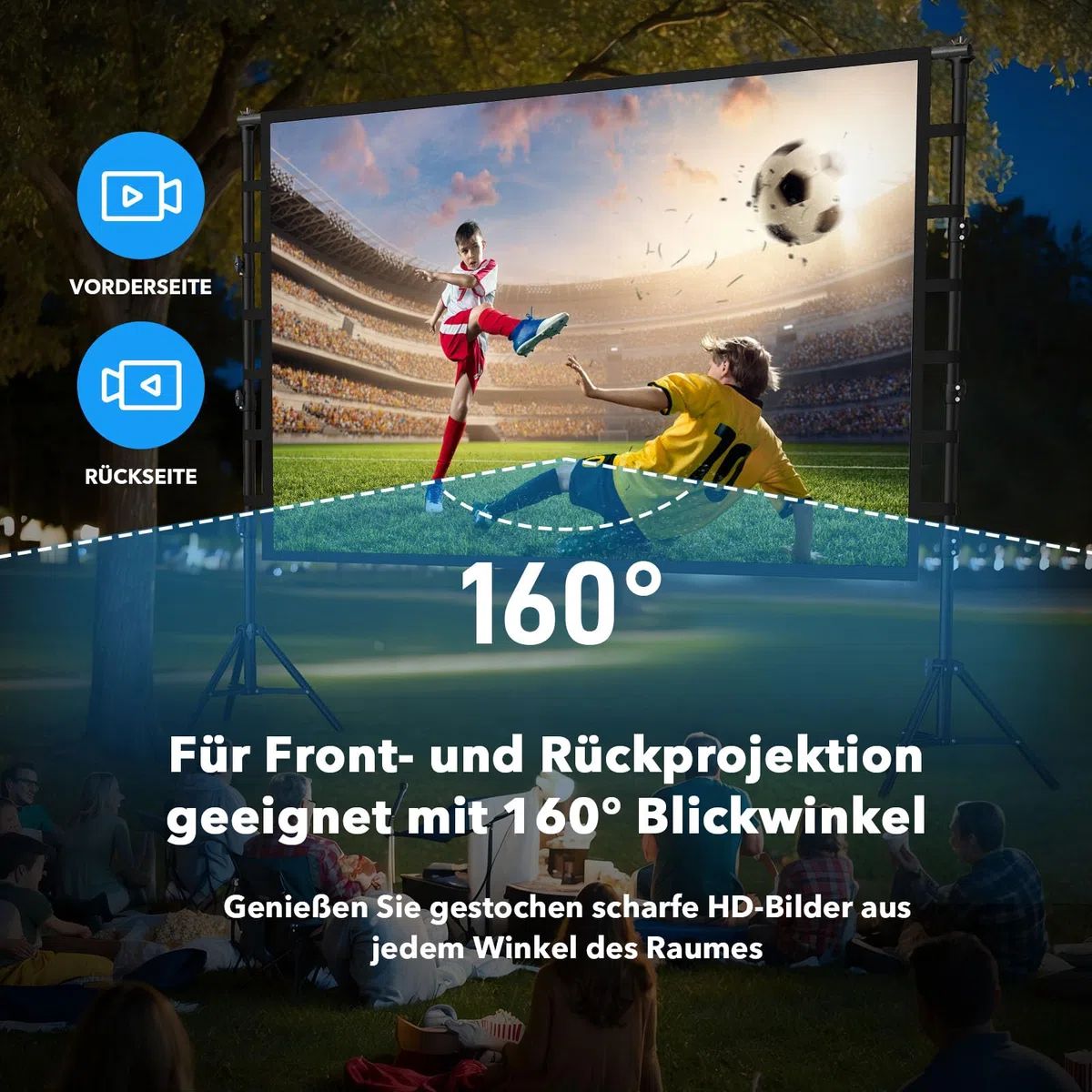 Outdoor Beamer Leinwand mit Stativ 150 Zoll: Tragbare Projektionsleinwand 16:9 4K HD, Kinoleinwand für Innen/Außen, mit Tragetasche & höhenverstellbarem Stand für Heimkino & Camping
