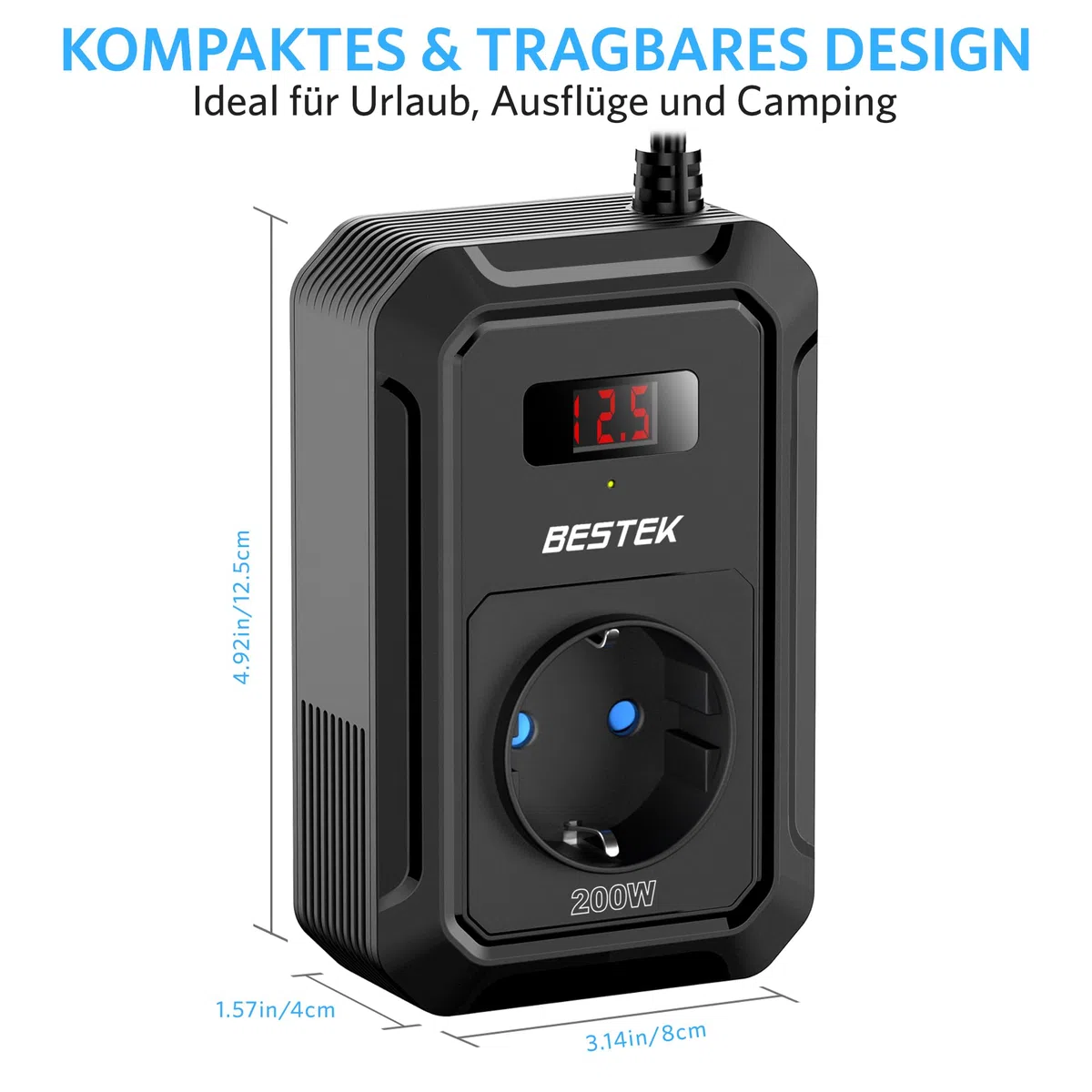 BESTEK 200W Spannungswandler 12 V 230 V 240 V,Wechselrichter 12v auf 230v mit 2 USB QC18-W und 2 USB-C (65 W und 30 W)&1 AC Anschlüssen Zigarettenanzünderstecker,von Laptops,iPhones,und mehr,Schwar
