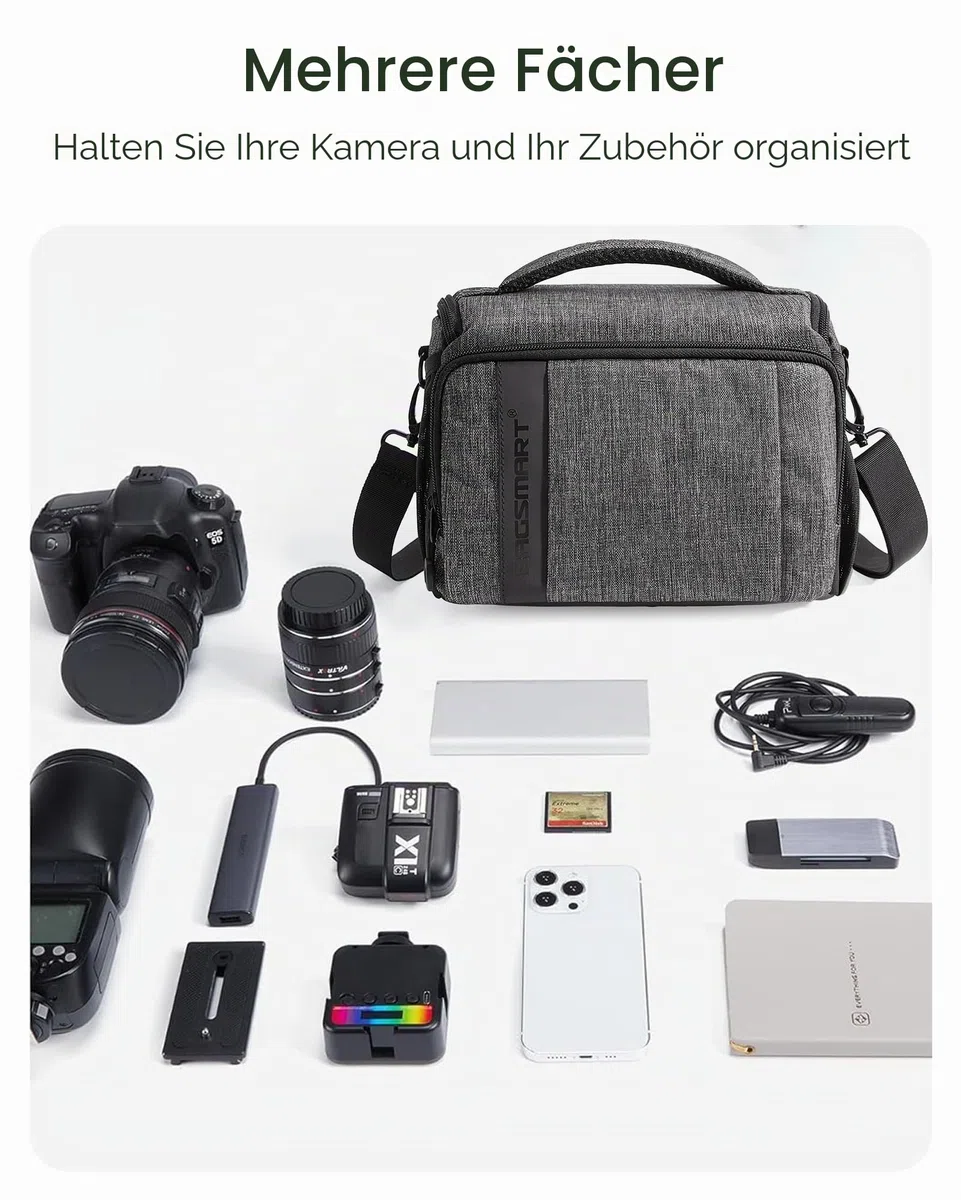 bagsmart Kameratasche Spiegelreflex DSLR SLR Fototasche Spiegelreflexkamera Systemkamera Objektive Zubehör mit Regenschutzhülle Schultertasche Grau