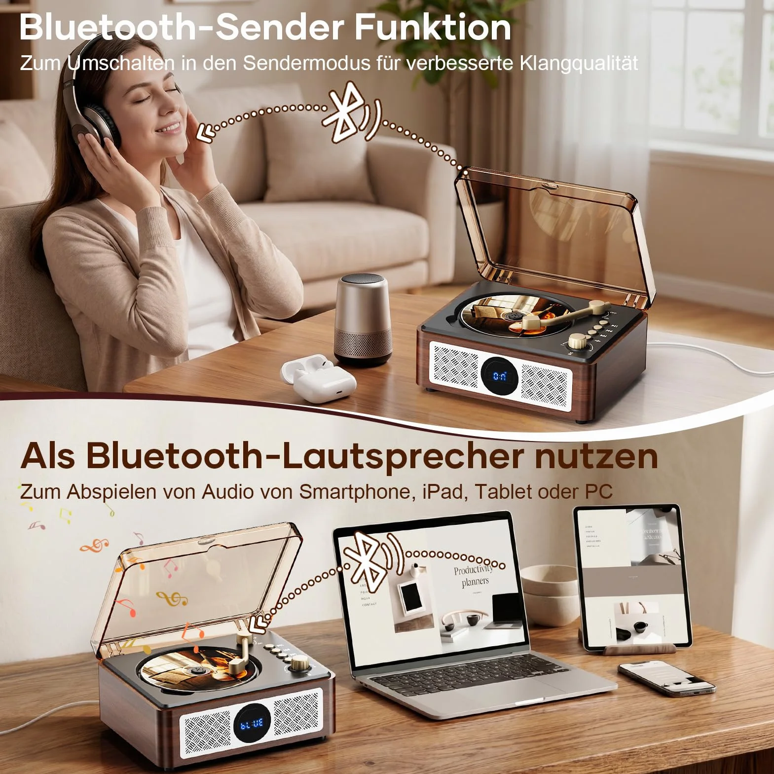 Bluetooth CD Player Tragbar mit Lautsprecher - Lehwey Retro CD-Player mit FM Radio, Stereo Sound, Unterstützt USB/AUX Wiedergabe, Vintage Desktop CD Spieler mit Fernbedienung, Staubschutz (Holz)