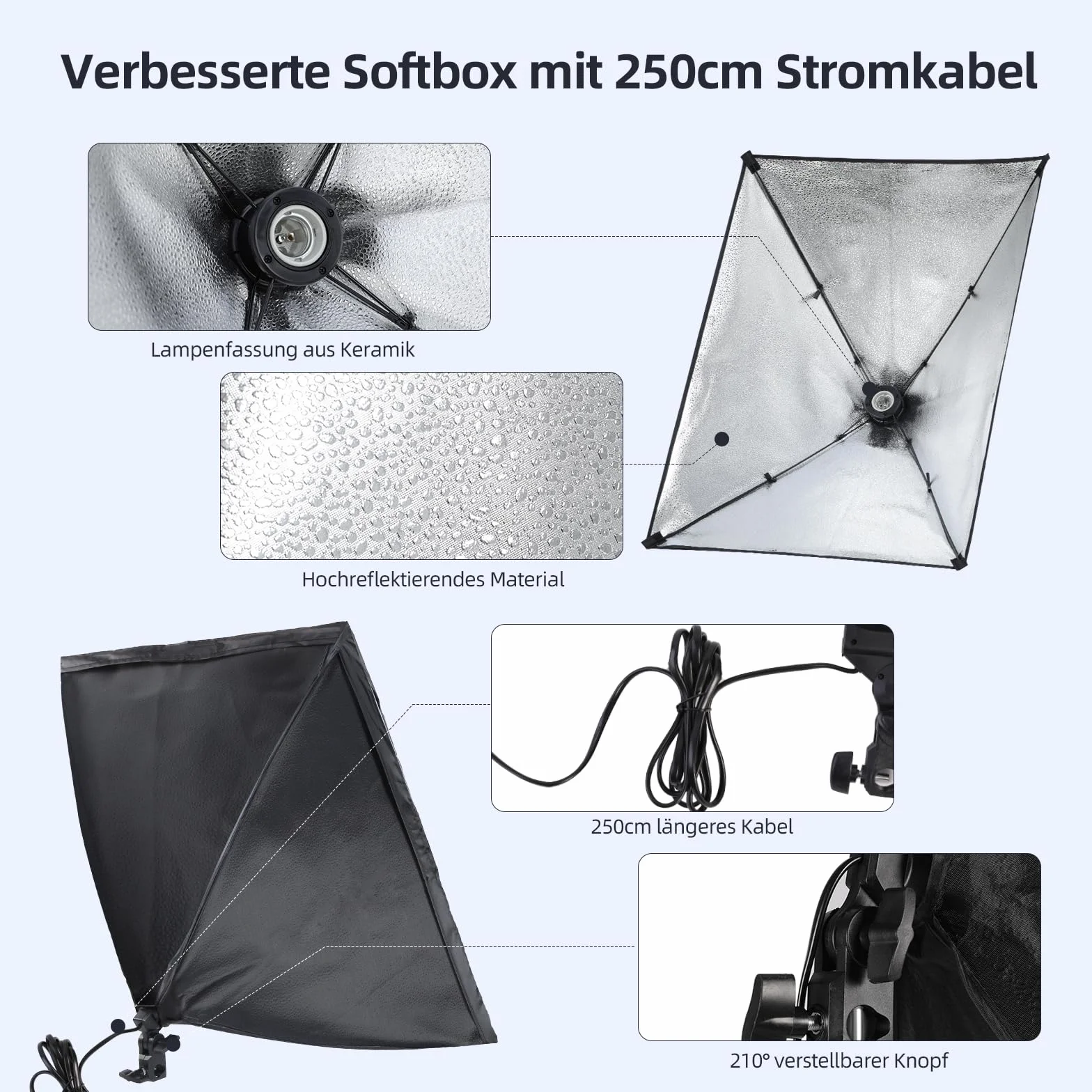 Softbox Fotostudio Set,FGen Fotolicht 2x50x70cm Beleuchtung für Fotostudios mit E27 Sockel 135W 5500K Fotolampe und 2M verstellbare Lichtstative für Studio-Porträts, Produktfotografie