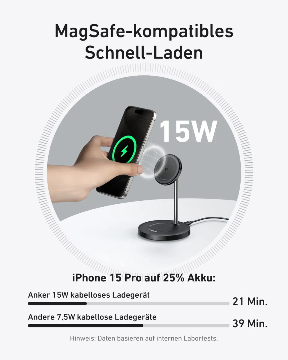 Anker MagGo 15W Magsafe Ladegerät kompatibel, 2-in-1 Induktive Ladestation, Qi2 Wireless Charger für iPhone 17/16/15/14/13/12, AirPods Pro, Mit 1,5m USB C Kabel, ohne Netzteil